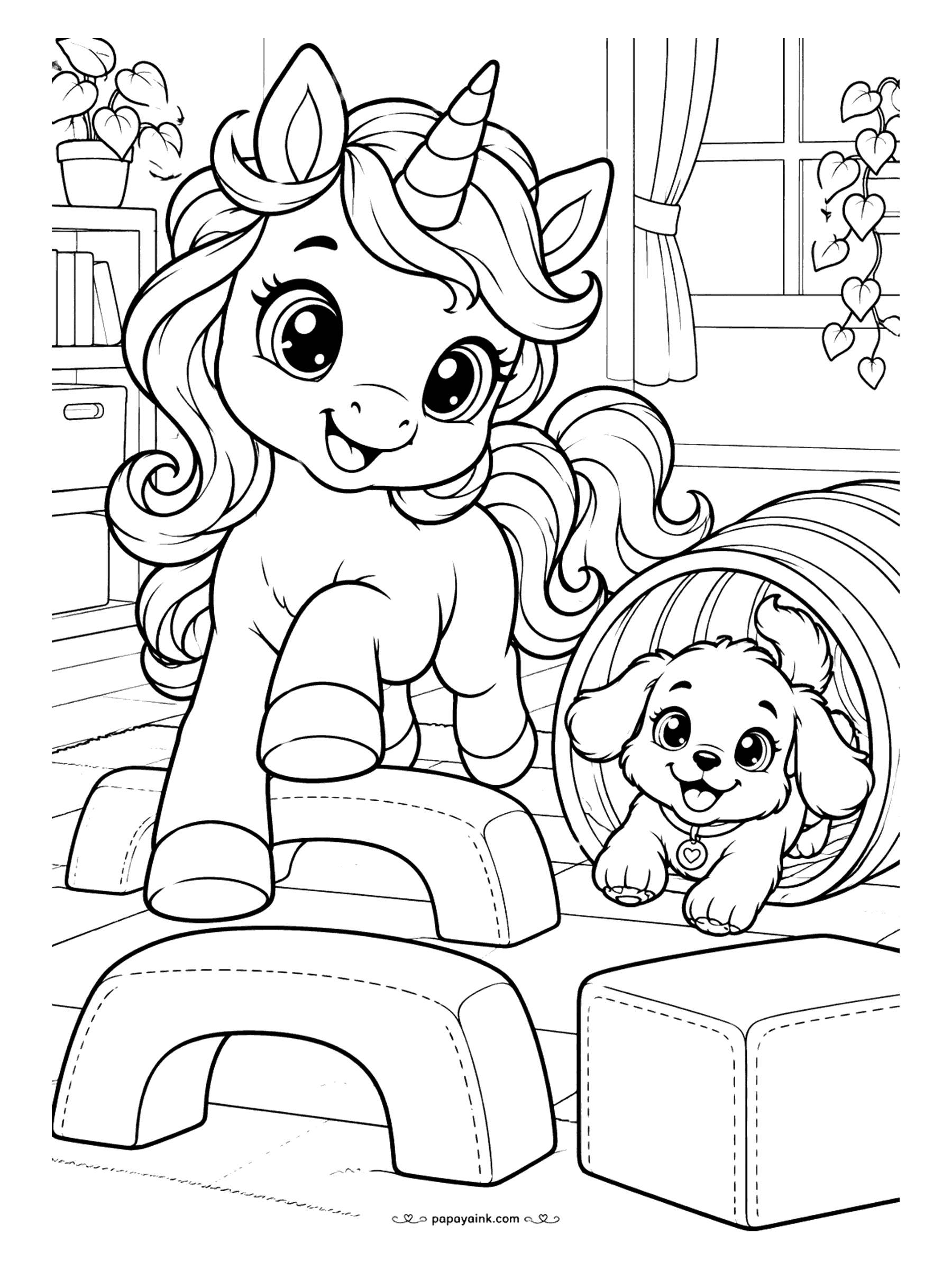 Kawaii Unicorn Coloring Pages - Bouncy unicorn hopping over soft play hurdles while a puppy dashes out of a tunnel - big, simple shapes that are quick and relaxing to fill.