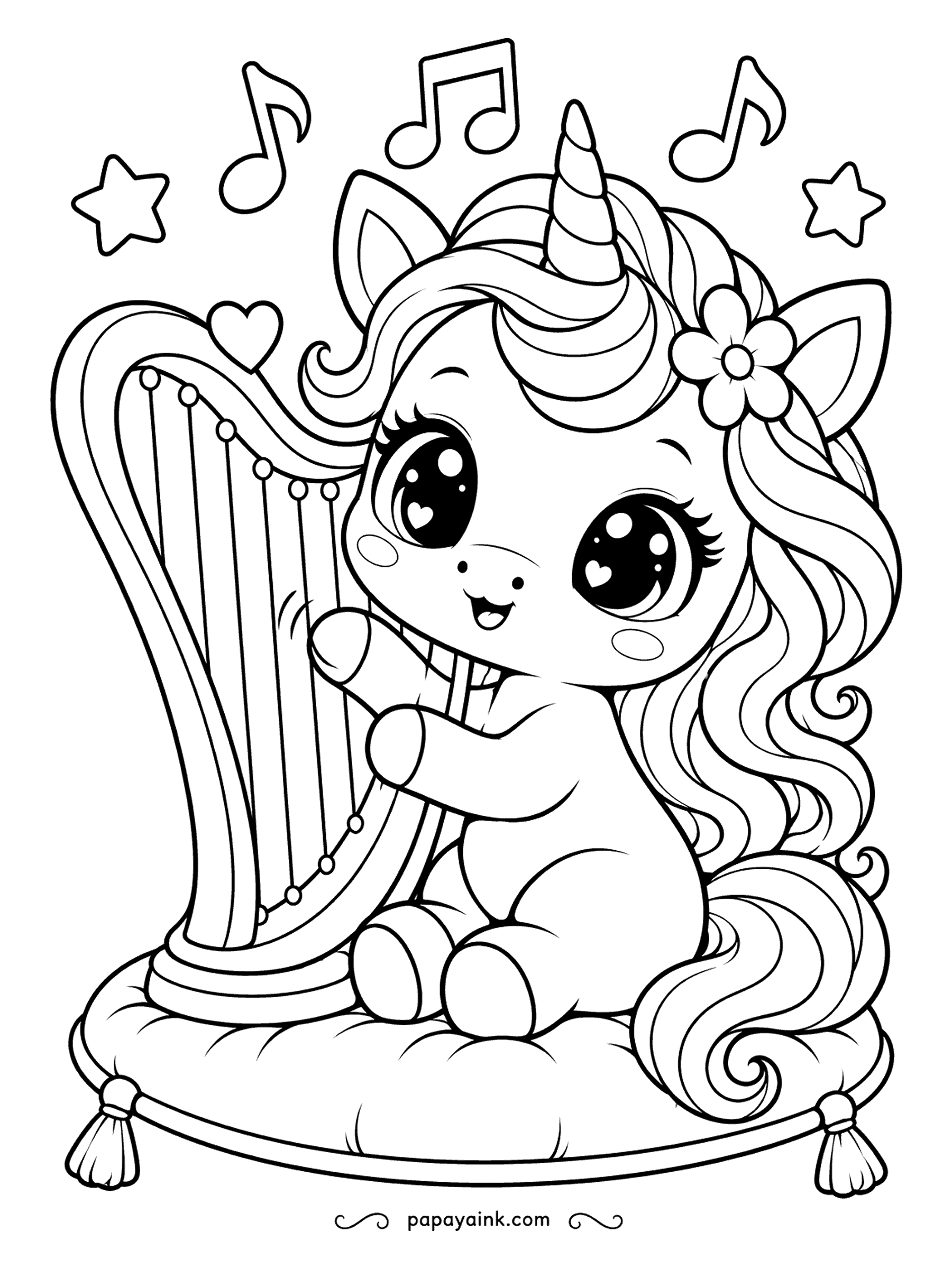 Kawaii Unicorn Coloring Pages - Concert on a tasseled cushion: a unicorn plucks a heart-topped harp while music notes float up. The harp frame suits gold, and the notes can each get a different color. A flower in her mane adds one more small accent.