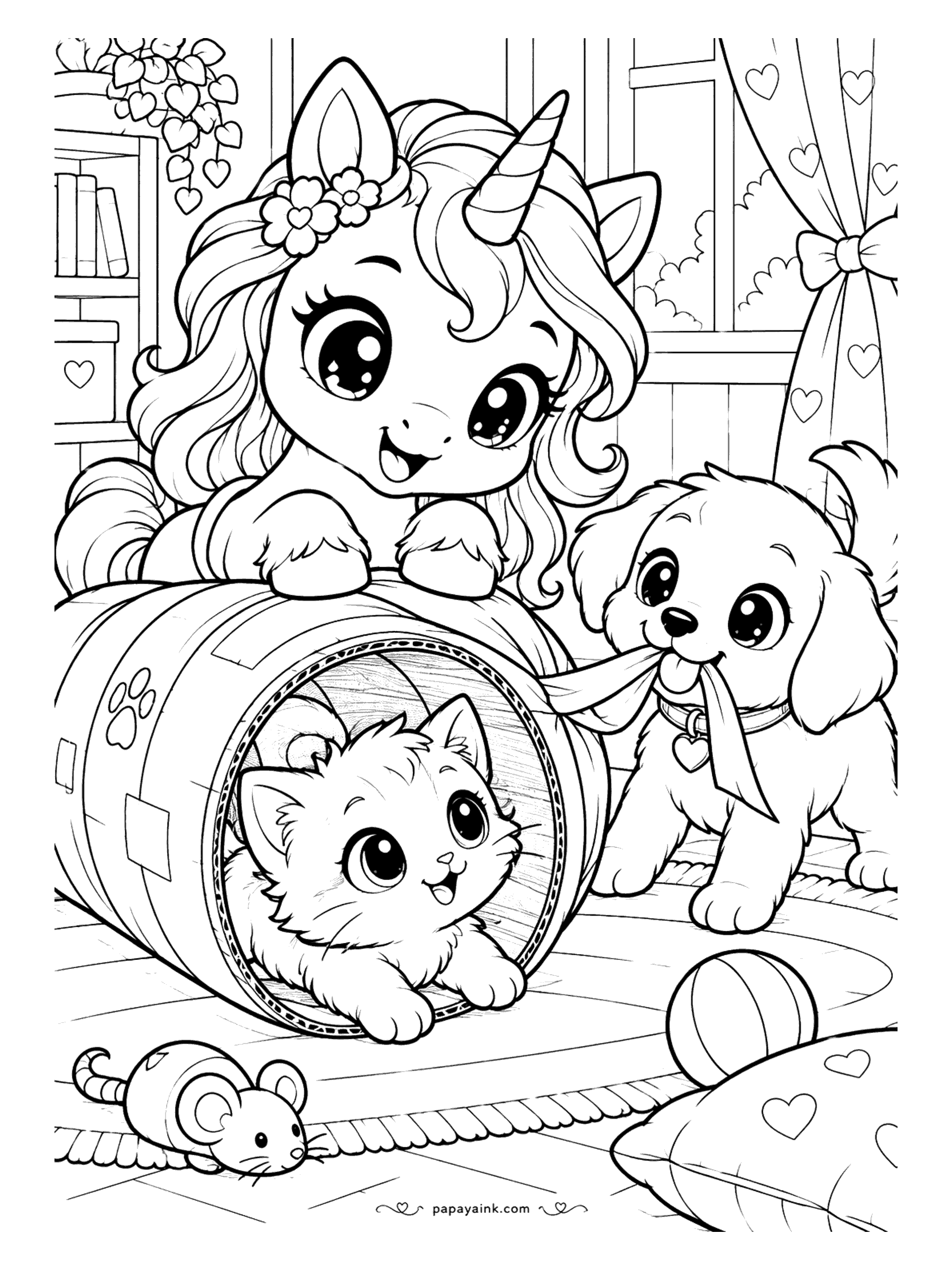 Kawaii Unicorn Coloring Pages - Playful unicorn peeking over a paw-print play tunnel as a kitten pops out of it and a puppy tugs a ribbon, with a toy mouse and a ball on the rug.