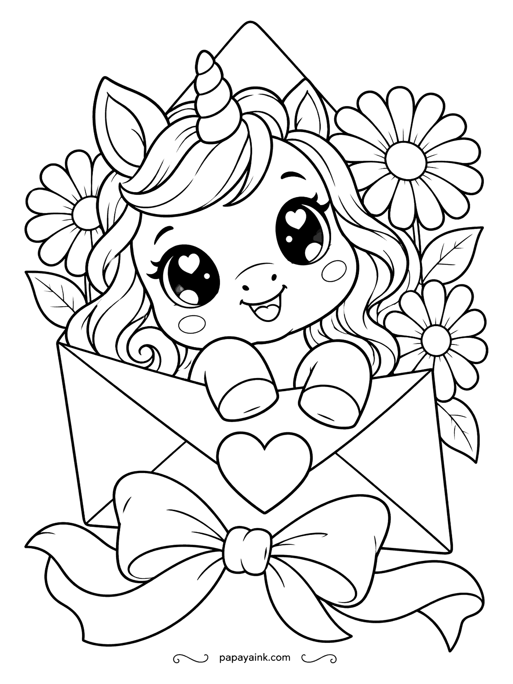 Kawaii Unicorn Coloring Pages - Special delivery: a unicorn pops out of an open envelope stuffed with daisies, a heart sealing the flap and a bow tied below. Keep the envelope cream and let the daisies carry bright yellows. The bow is a nice place for a satin red.
