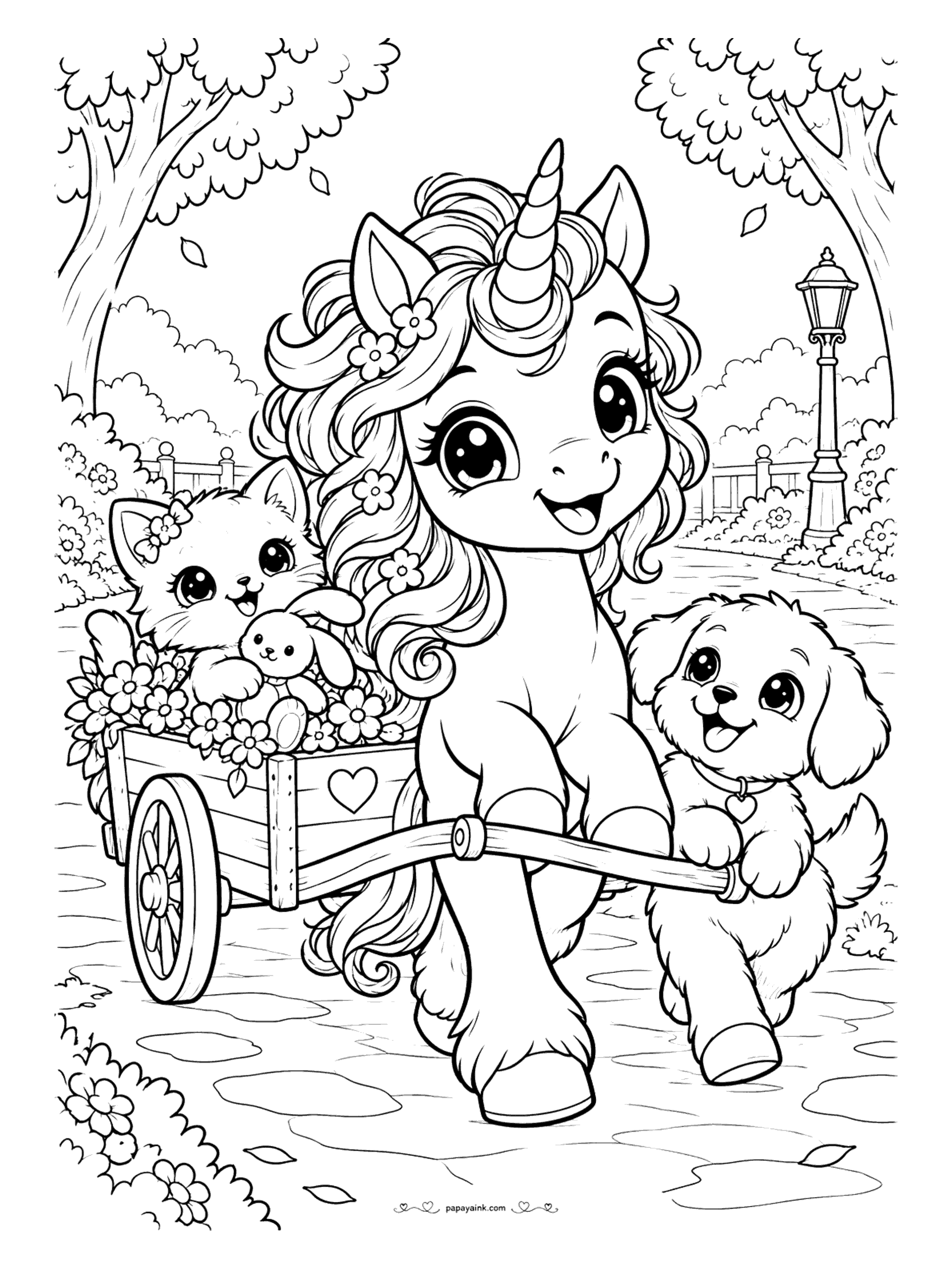 Kawaii Unicorn Coloring Pages - Cheerful unicorn pulling a wooden wagon full of flowers, a kitten and a little bunny riding inside while a puppy helps with the handle along a park path.