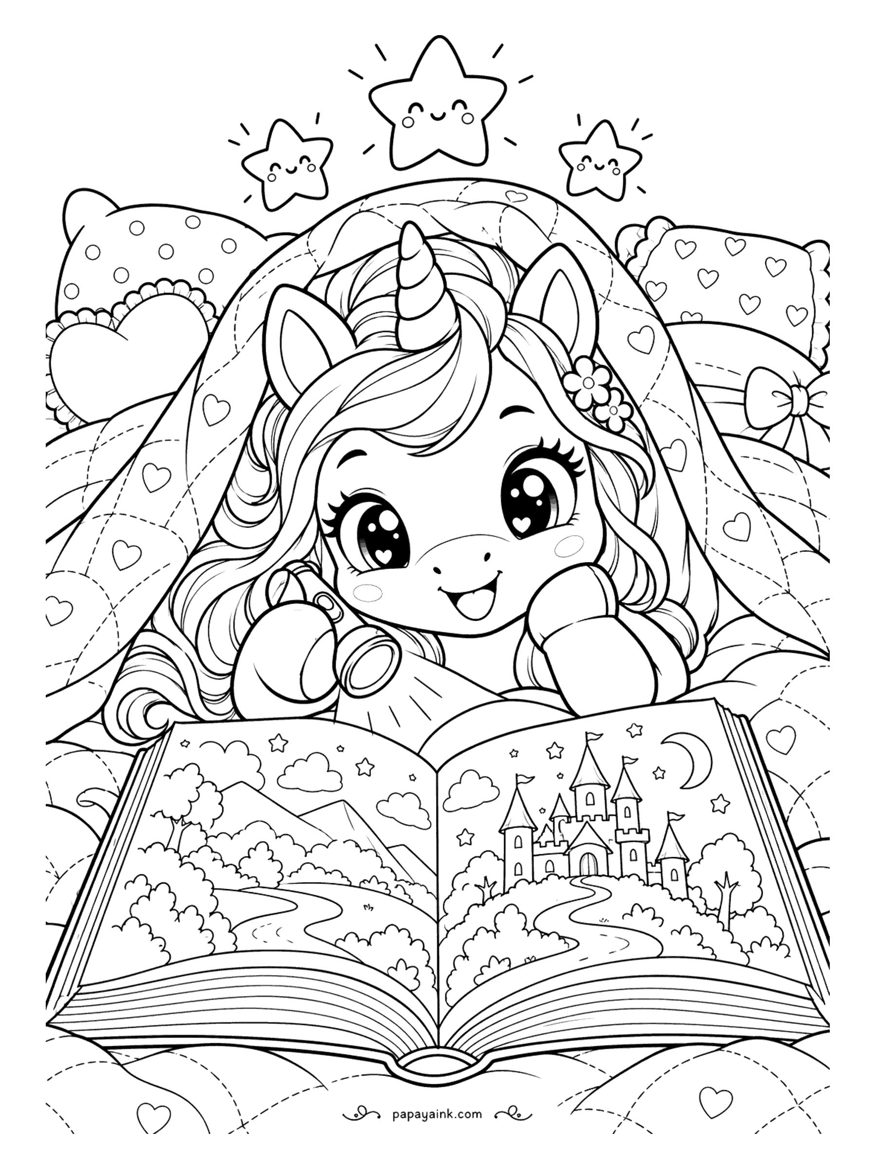 Kawaii Unicorn Coloring Pages - Unicorn reading by flashlight under a draped blanket, a storybook castle rising from the open pages and smiling stars keeping watch.