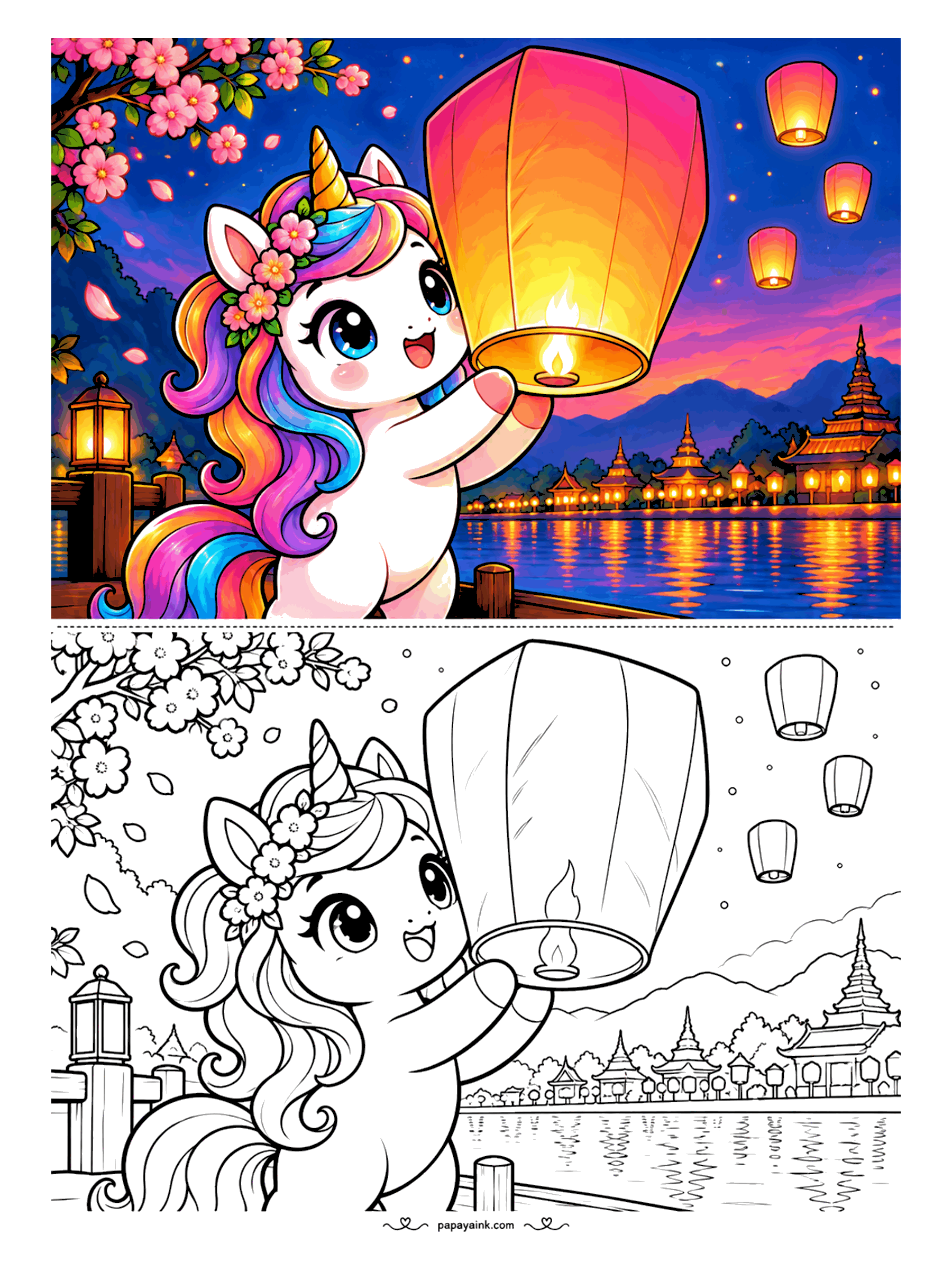 Kawaii Unicorn Coloring Pages - Unicorn with cherry blossoms in her mane letting go of a glowing sky lantern over a lake lined with pagodas, as more lanterns drift into the night.