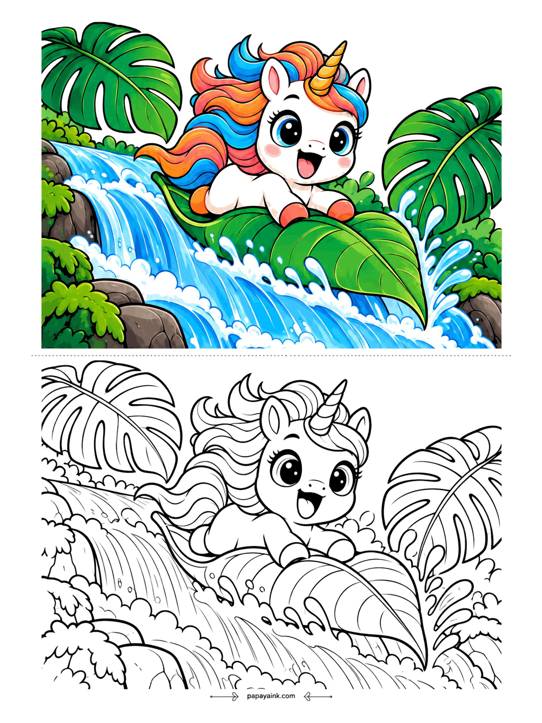 Kawaii Unicorn Coloring Pages - Thrill-seeking unicorn sliding down a jungle waterfall on a giant leaf, with monstera leaves and splashing water all around.