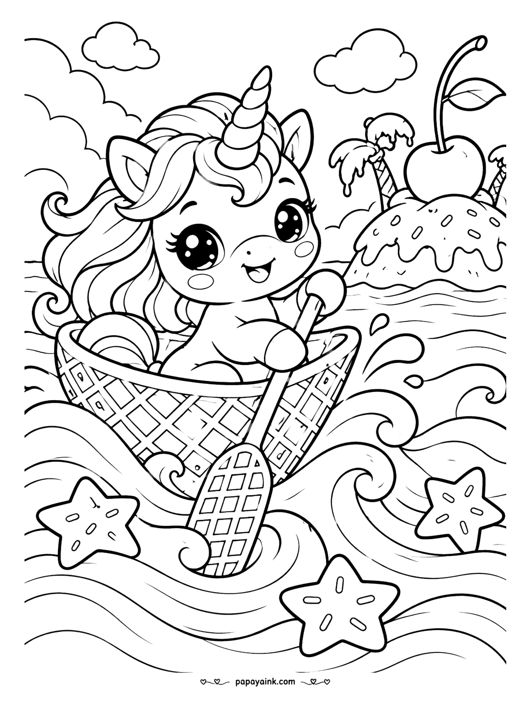 Kawaii Unicorn Coloring Pages - Unicorn rowing a waffle cone boat with a waffle paddle across swirling waves dotted with floating stars, toward a frosted island topped with a cherry and palm trees.