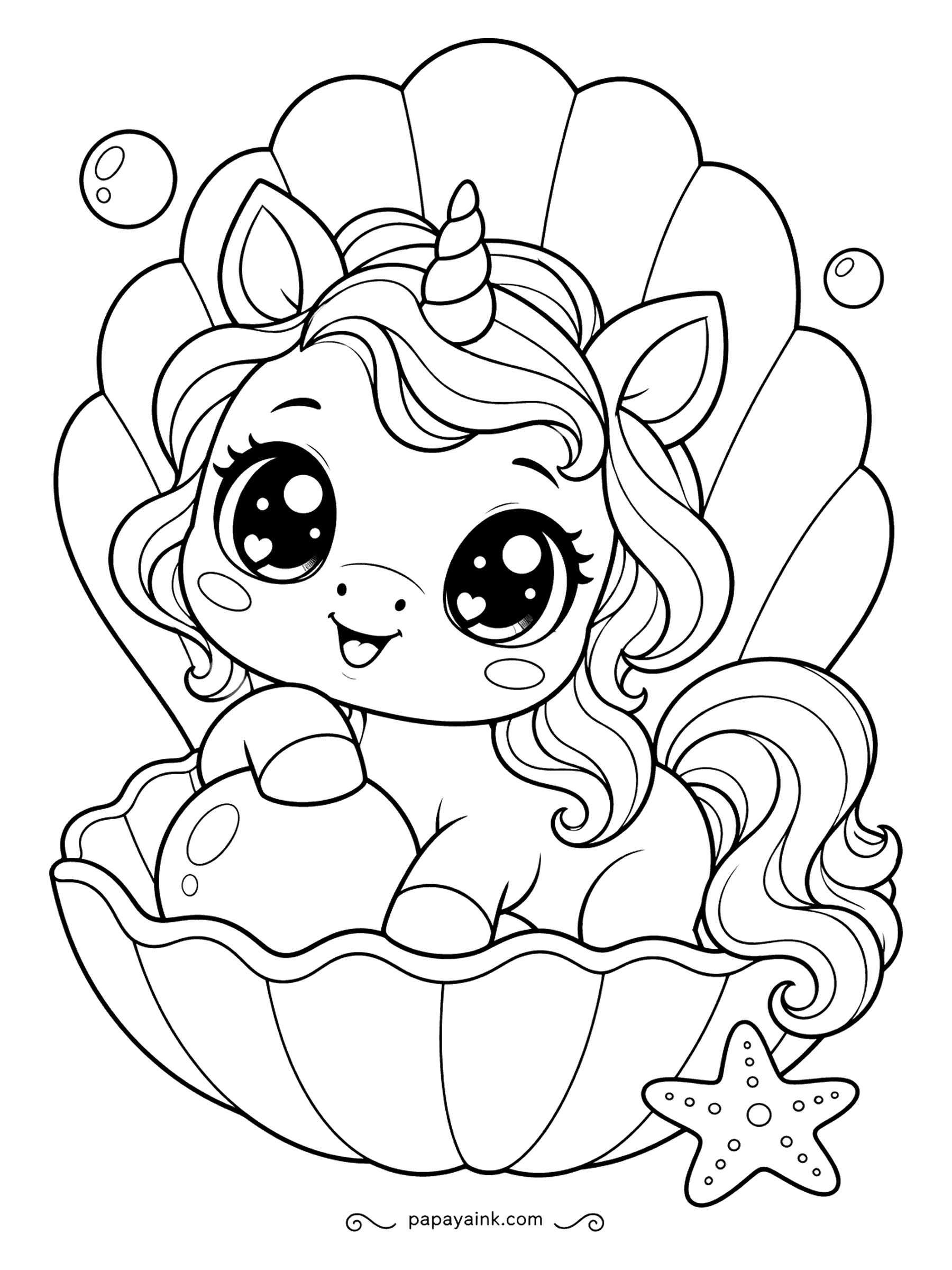 Kawaii Unicorn Coloring Pages - Inside an open scallop shell sits a unicorn with a pearl in her lap, a starfish parked at her side. The ribbed shell is made for soft pinks and peaches. Bubbles above the shell are easiest left white against a blue sea.