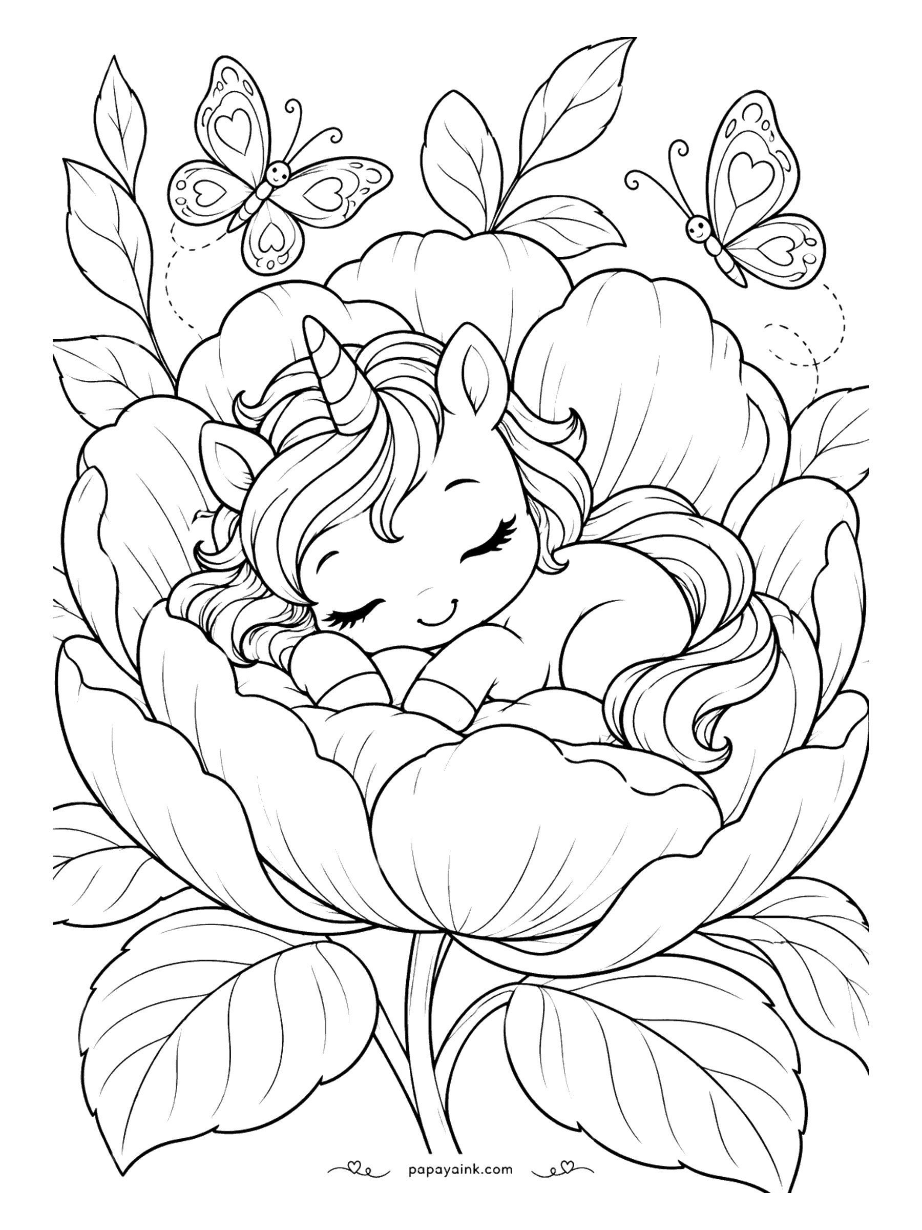 Kawaii Unicorn Coloring Pages - Sleepy unicorn curled up inside an open blossom as butterflies flutter past - calm and airy, lovely in watercolor.