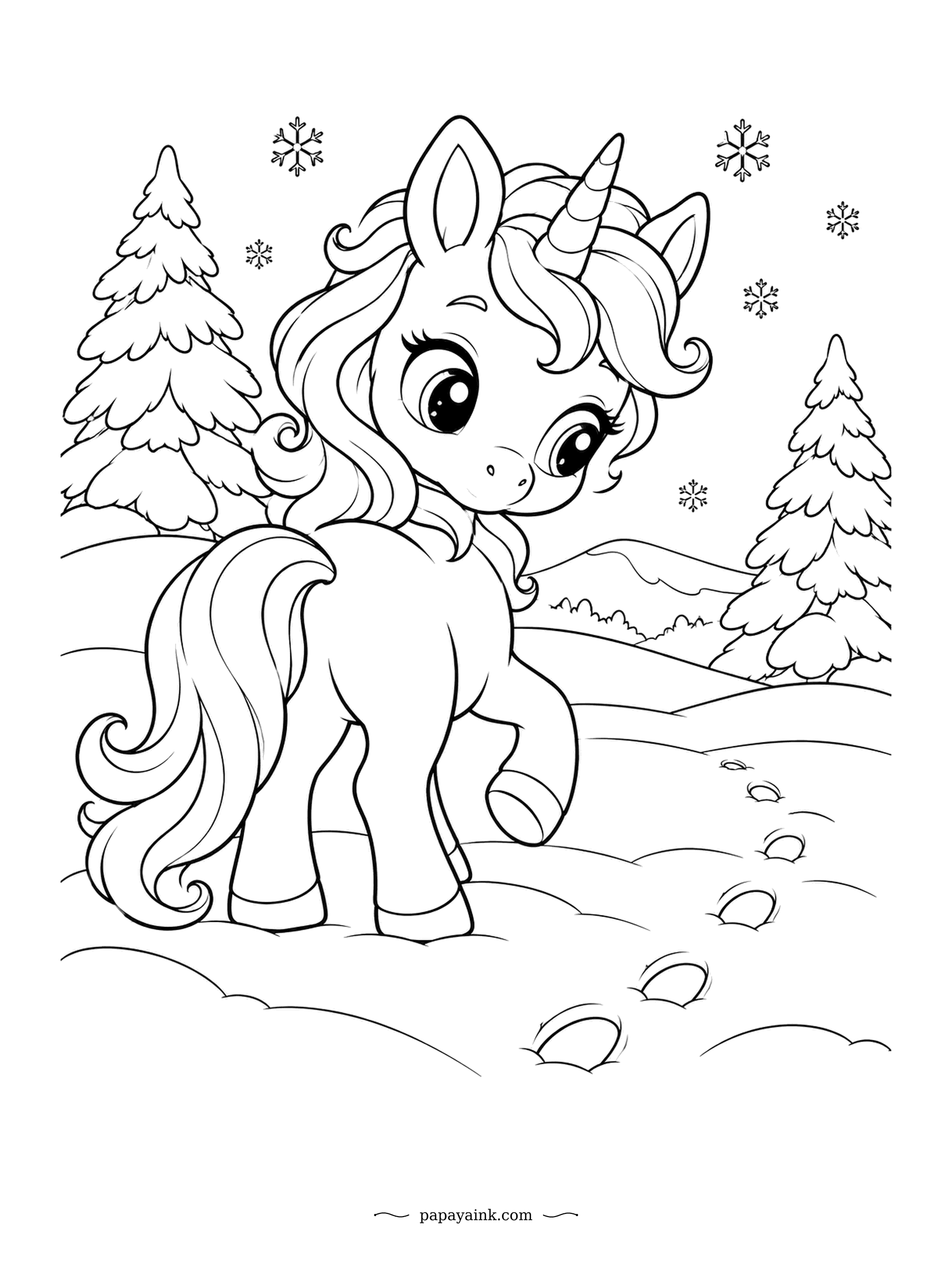 Kawaii Unicorn Coloring Pages - Hoofprints lead back over the snow, and the little one turns to look at the trail it has made. Snowflakes drift past the pines. Cool blues and lavender for the shadows.
