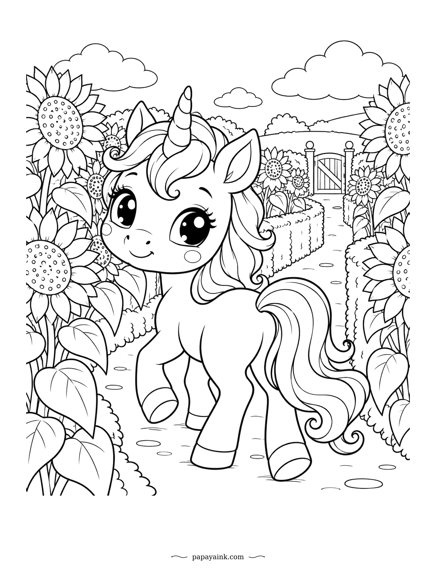Kawaii Unicorn Coloring Pages - Tall sunflowers line the path, and the unicorn peeks out from among them on the way to the garden gate. Big seed heads are fun to dot in brown and gold. Detailed - leaves, hedges and heavy blooms.