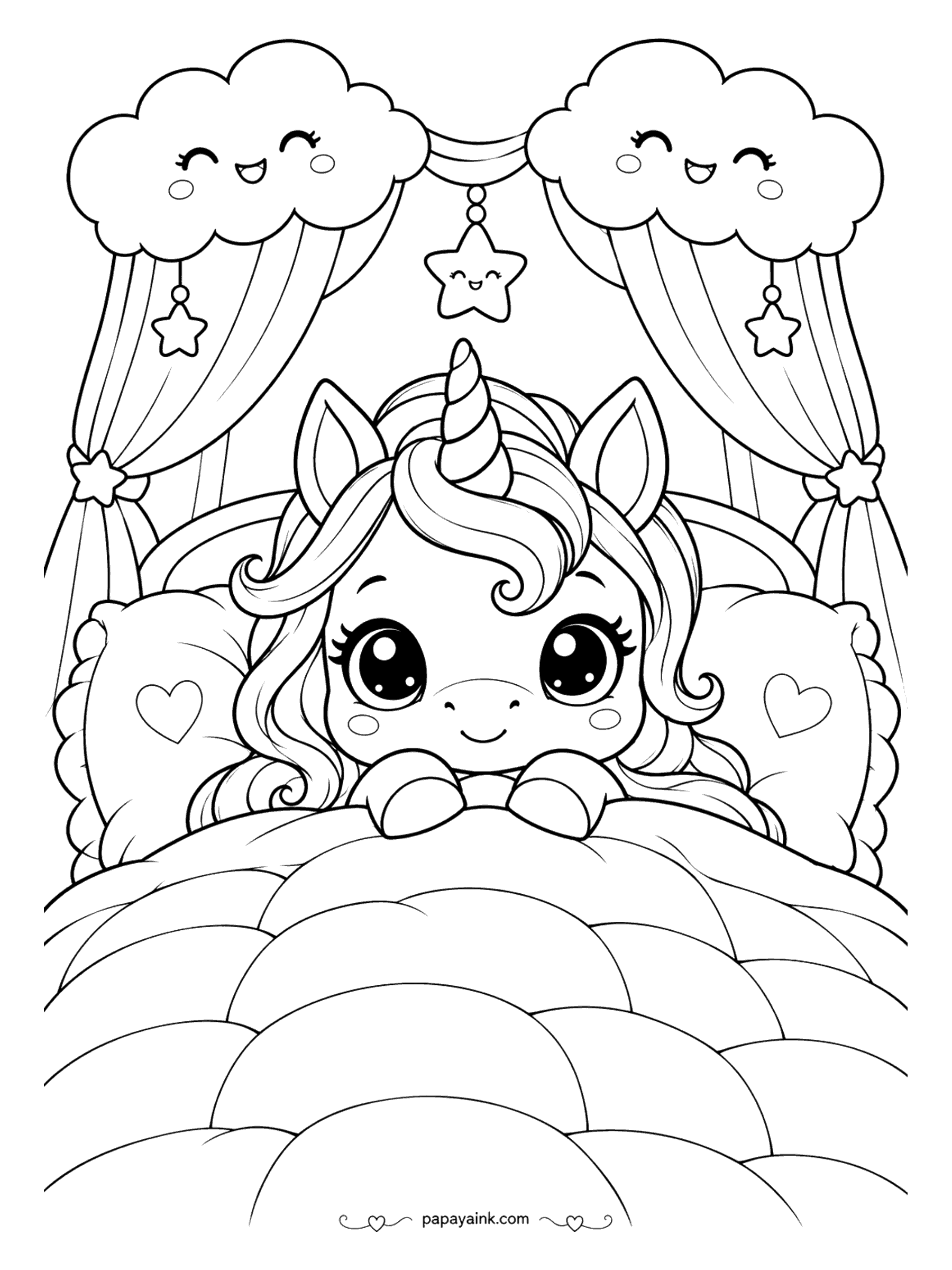 Kawaii Unicorn Coloring Pages - Bedtime unicorn tucked under a puffy quilt between heart pillows, with rainbow curtains draped from smiling clouds and little star garlands above - soft lilacs and blues keep it dreamy.