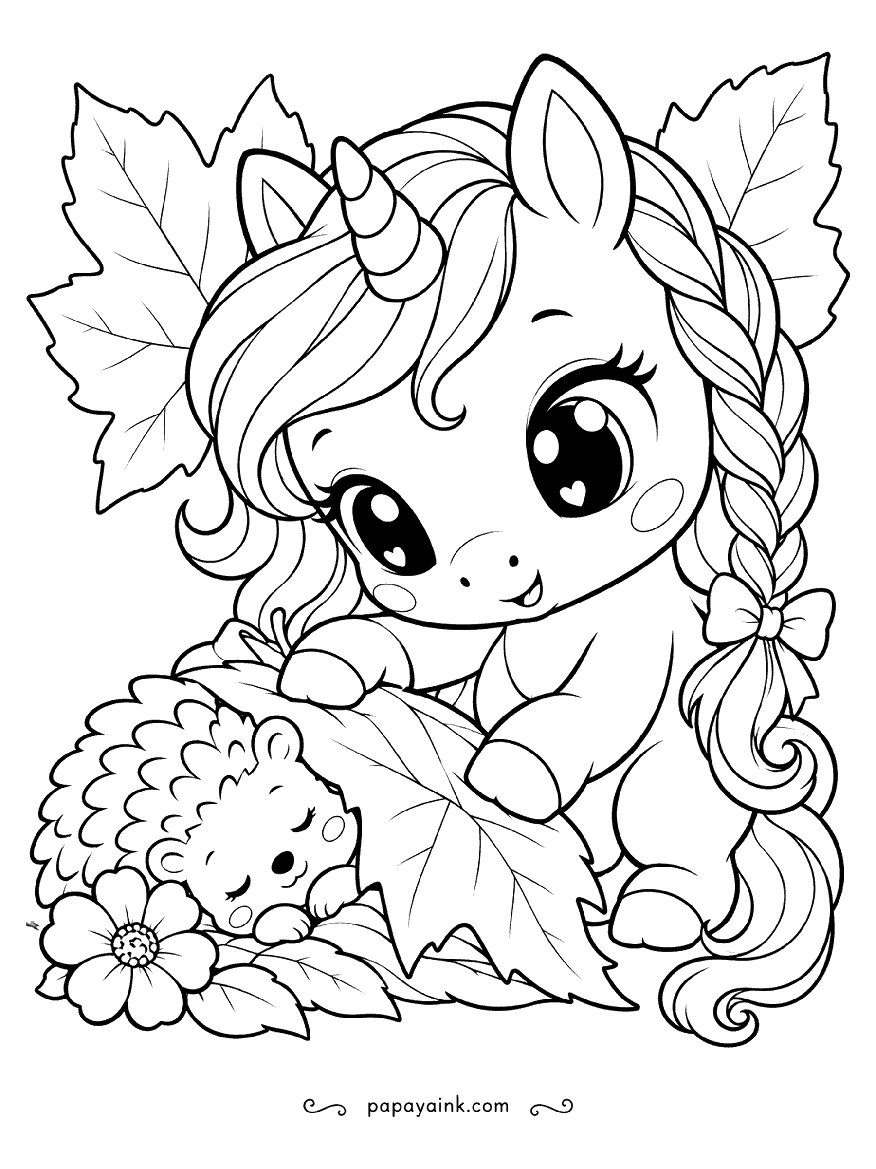 Kawaii Unicorn Coloring Pages - Bedtime in the woods: a braided unicorn pulls a maple leaf over a sleeping hedgehog like a blanket. Her braid runs the full height of the page, so plan a color gradient along it. Try autumn oranges on the leaves. Detailed.