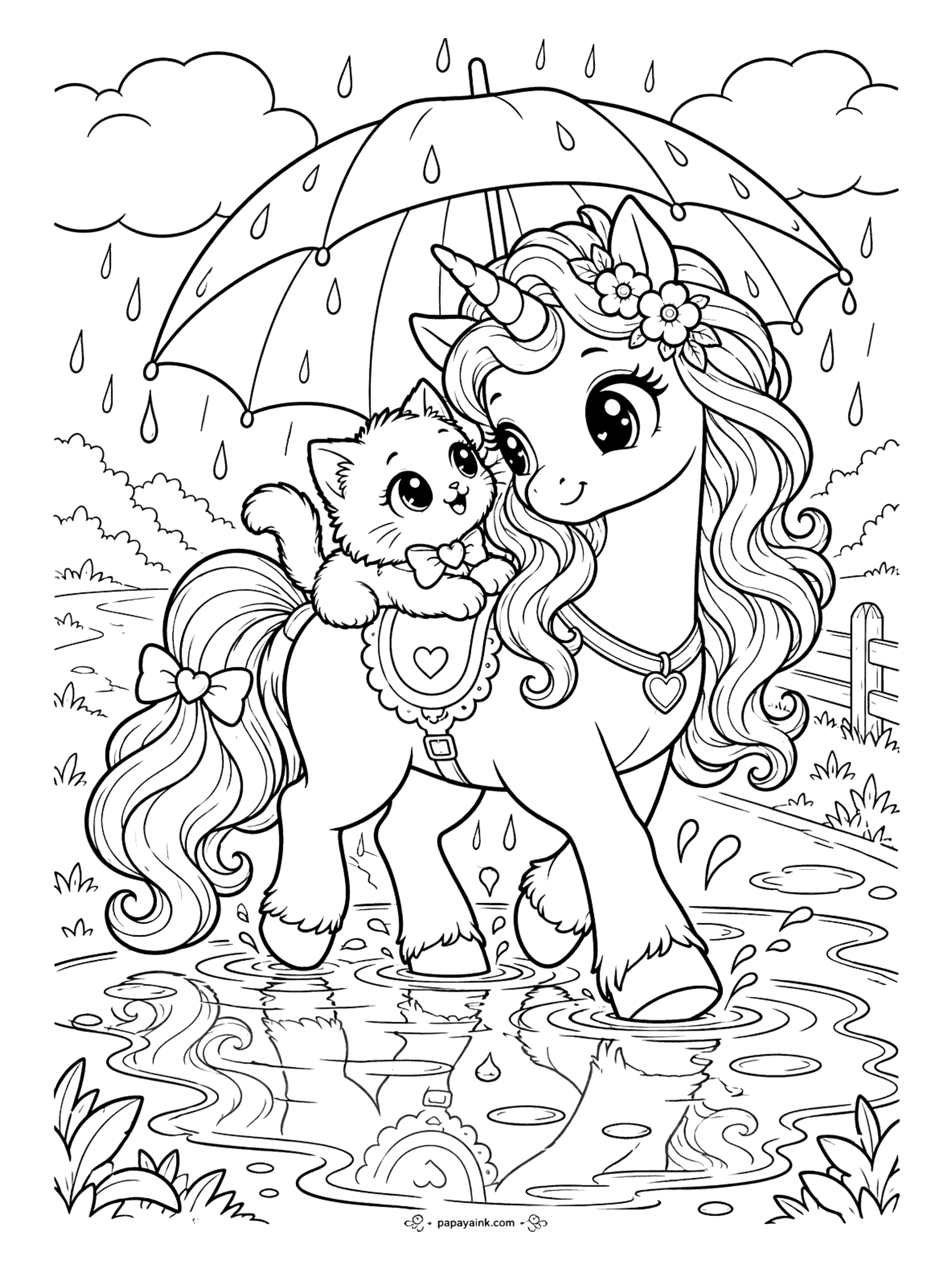 Kawaii Unicorn Coloring Pages - Sweet unicorn splashing through a puddle under an umbrella, a kitten in a bow tie riding on her little heart saddle and their reflections shimmering below.