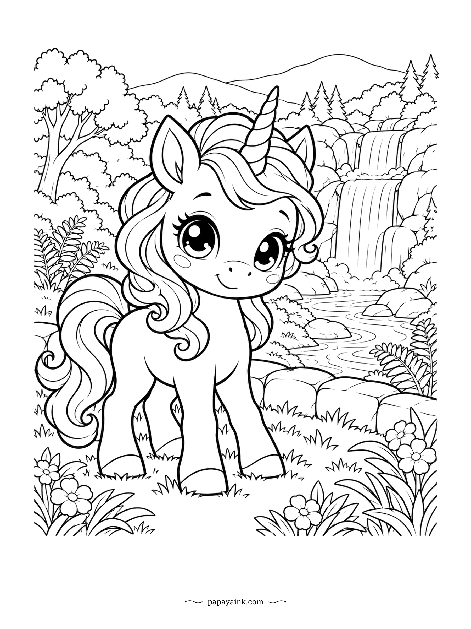 Kawaii Unicorn Coloring Pages - Standing on a grassy ledge, the unicorn has a perfect view of the waterfall spilling into the river below. Ferns and flowers crowd the near bank. Foamy white water and mossy greens.