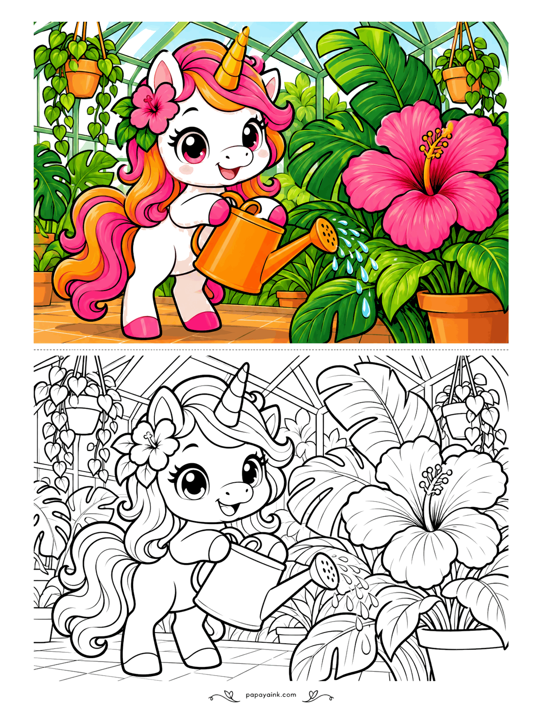 Kawaii Unicorn Coloring Pages - Garden-loving unicorn with a flower tucked in her mane, watering a giant hibiscus in a glass greenhouse full of monstera leaves and hanging plants.
