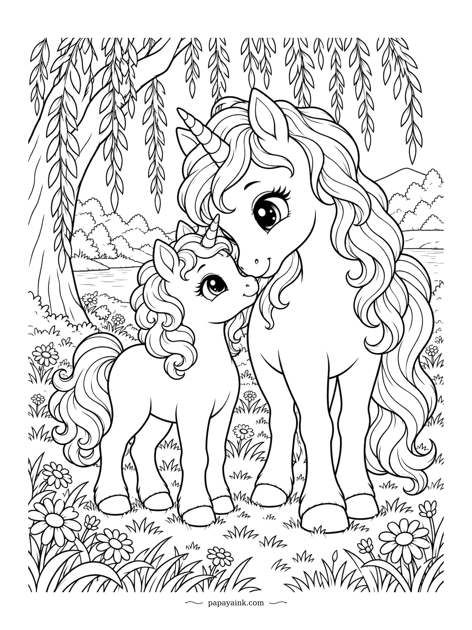 Kawaii Unicorn Coloring Pages - Under a weeping willow by the lake, a mother unicorn bends down to nuzzle her foal. Long flowing manes on both. Detailed - willow fronds, wildflowers and a far shore.