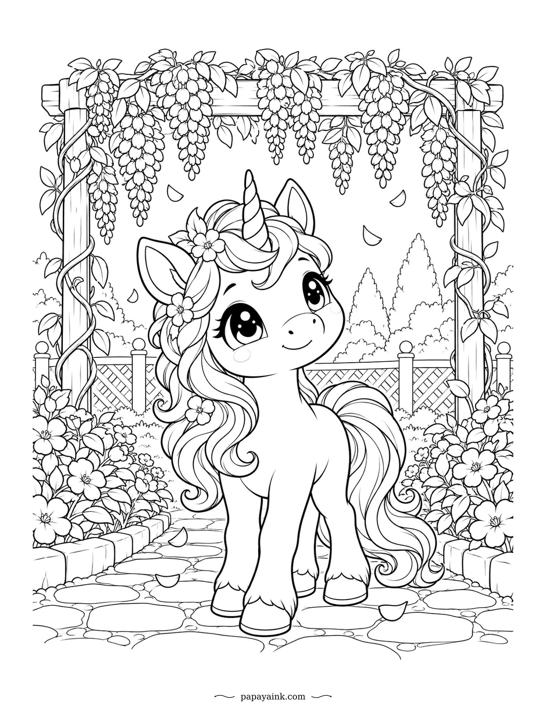 Kawaii Unicorn Coloring Pages - Purple wisteria hangs from a wooden pergola, and loose petals drift down around her on the flagstones. A lattice fence and flowering shrubs complete the garden. Lilac and violet are the obvious place to start.