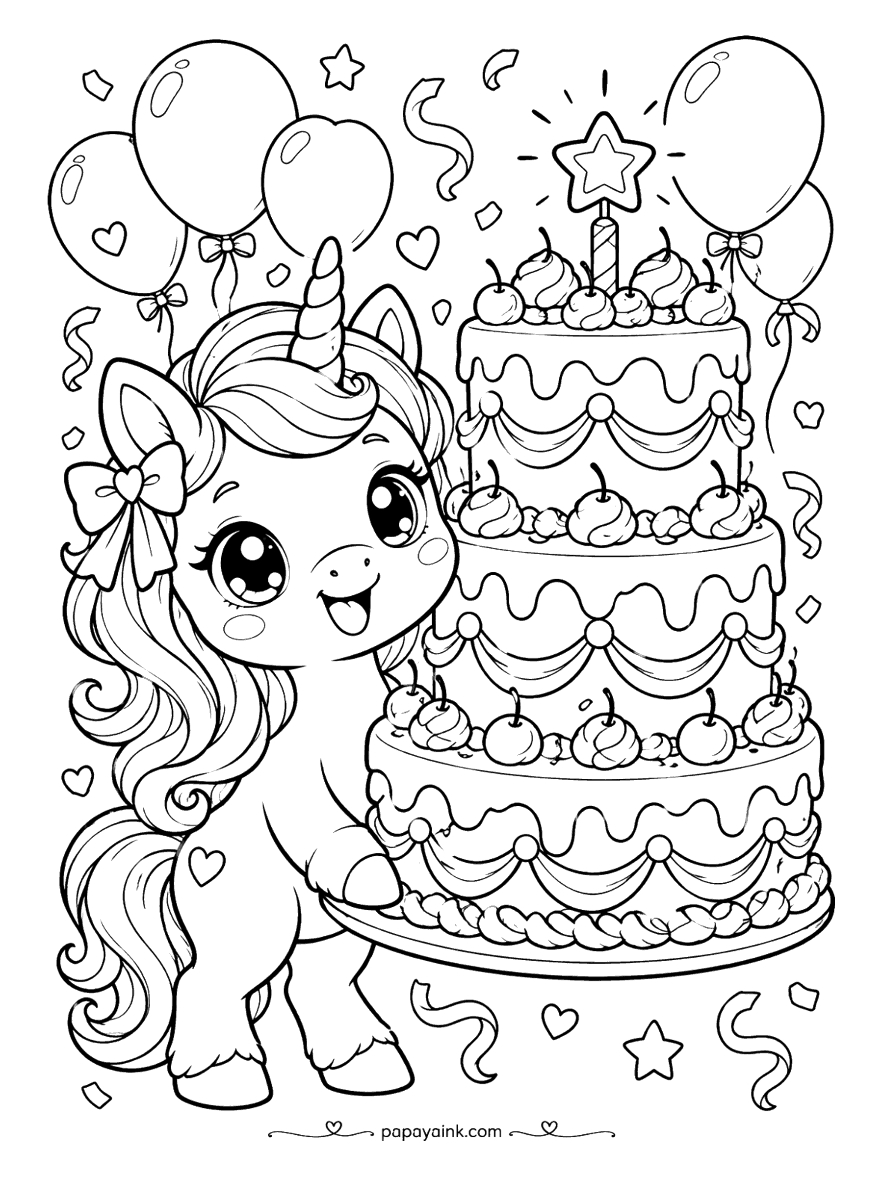 Kawaii Unicorn Coloring Pages - Birthday unicorn with a bow in her mane beside a towering cherry-topped cake, balloons, streamers and confetti.