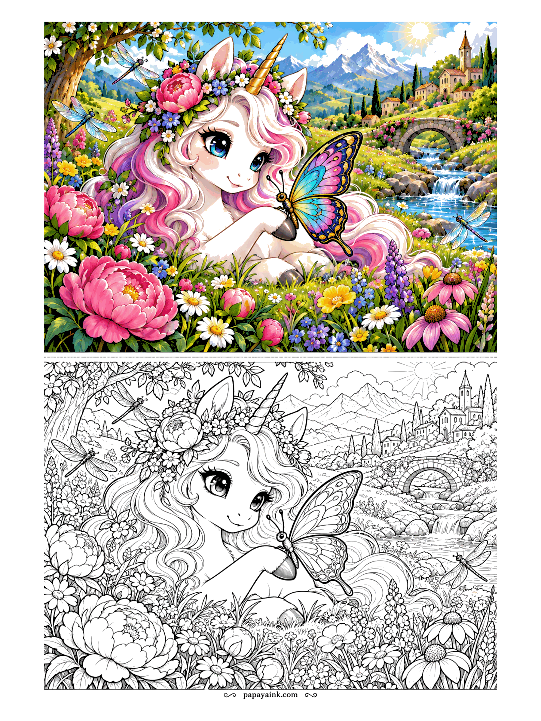 Cute Kawaii Coloring Pages - Wildflowers, peonies and dragonflies surround a dreamy unicorn resting in a sunny valley, a butterfly perched on its hoof and a hillside village beyond. Detailed.