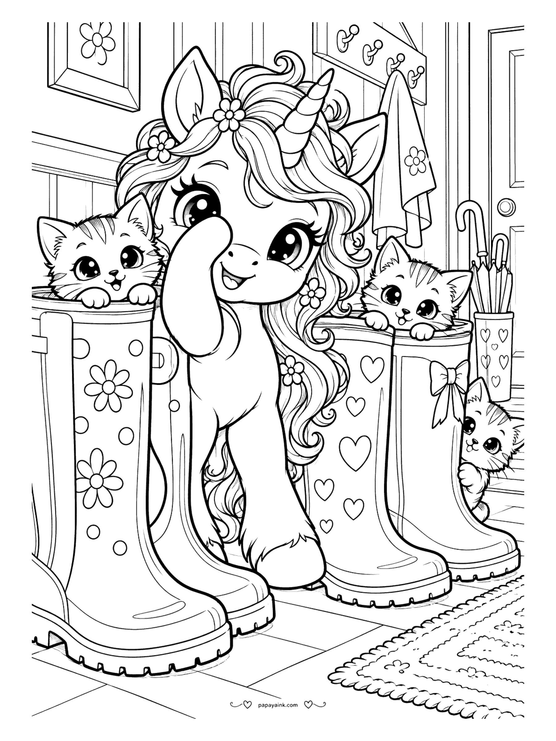 Kawaii Unicorn Coloring Pages - Giggling unicorn in a front hallway where three tabby kittens peek out of and around giant flowered and heart-print rain boots, next to an umbrella stand and a coat rack.