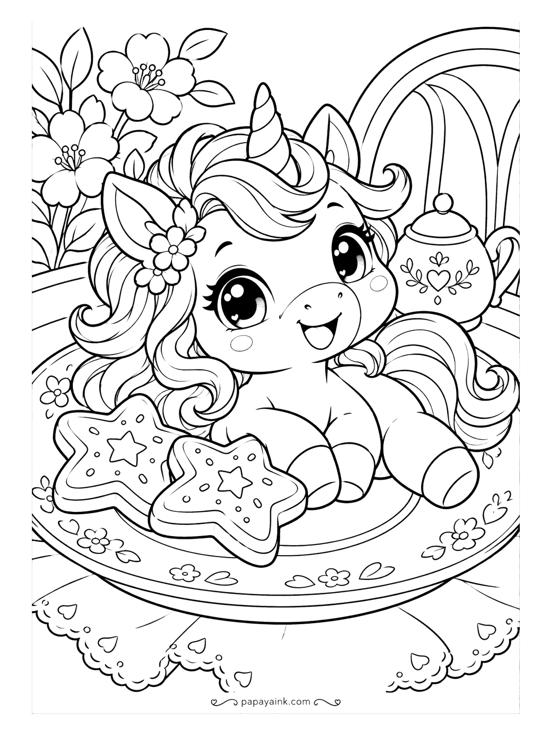 Kawaii Unicorn Coloring Pages - Tea-time unicorn lounging on a flowered plate set on a lace doily, with iced star cookies, a heart-painted teapot and fresh blossoms.