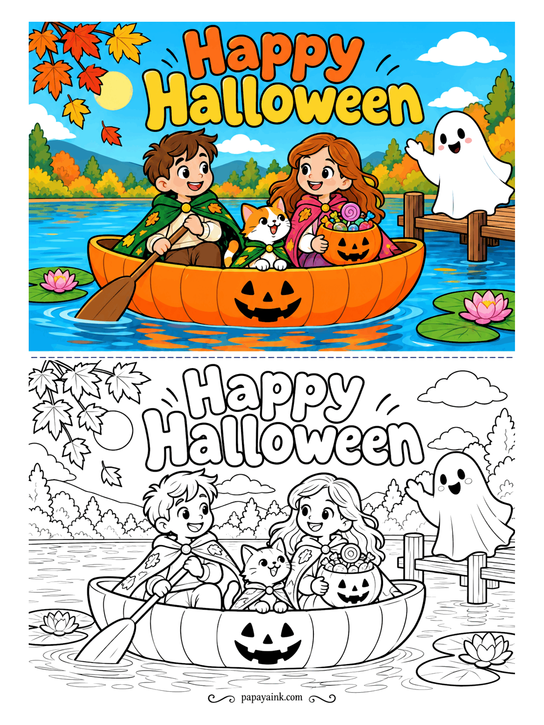 Halloween Coloring Pages - A pumpkin makes a surprisingly good canoe. Two kids paddle past the lily pads with a kitten up front and a bucket of candy, and a ghost waves from the dock. Big calm water - try a blended blue.