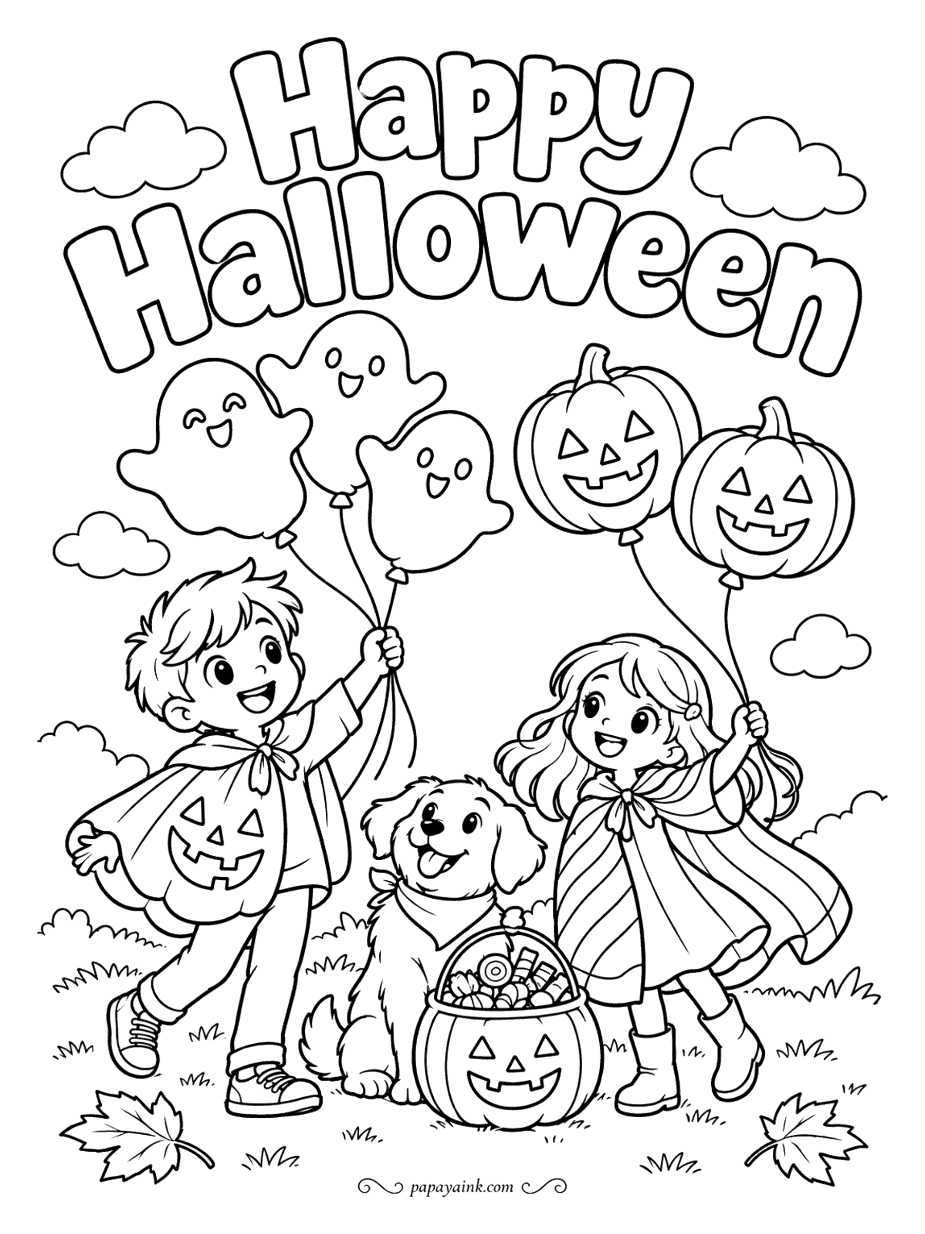 Halloween Coloring Pages - Balloon day. A boy in a pumpkin cape and a girl in a striped dress each hold a bunch of ghost and jack-o'-lantern balloons, and the puppy guards the candy bucket between them. Clouds and clean grass - a quick, open sheet.