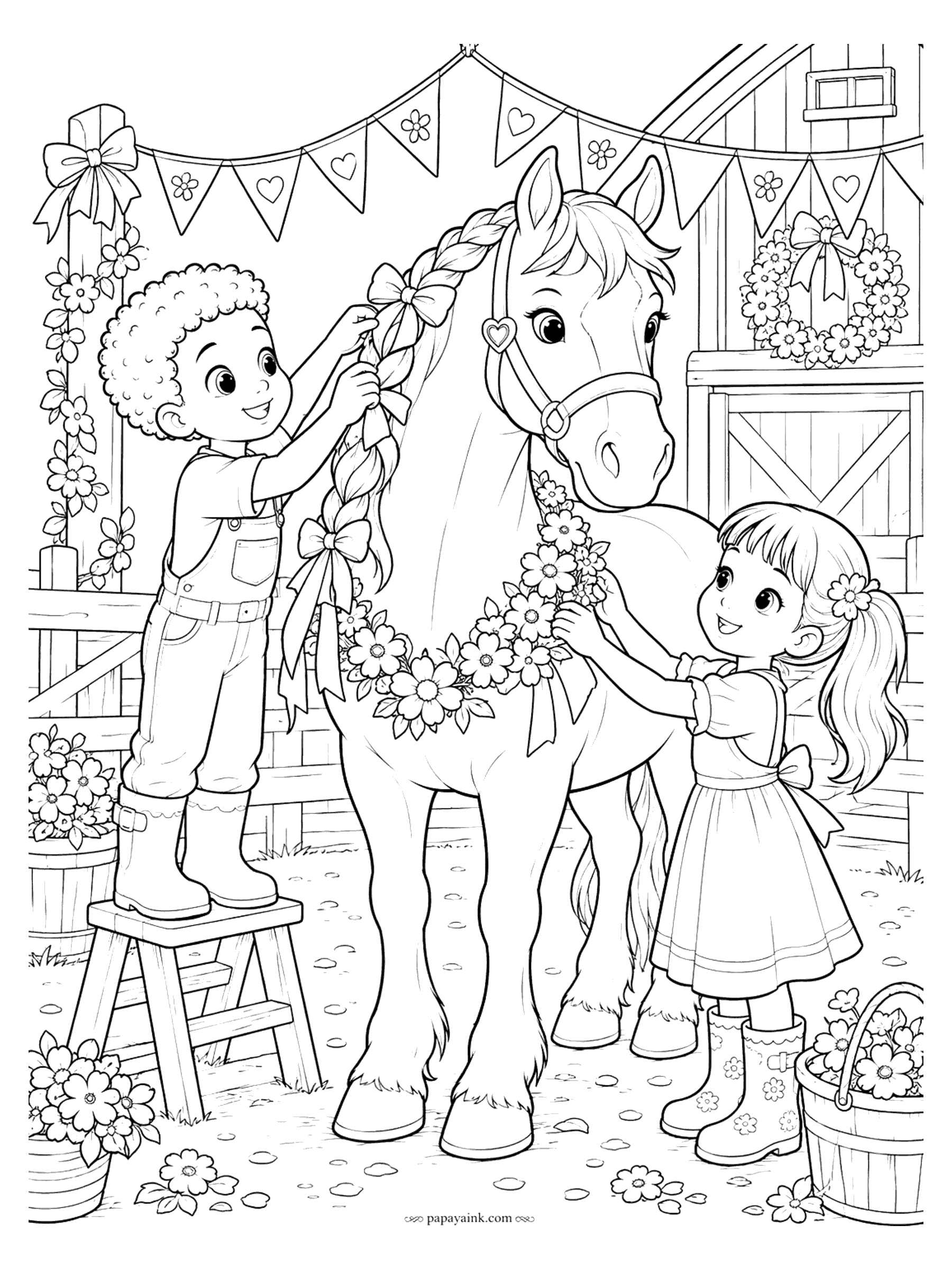 Horse Coloring Pages - A boy on a step stool braids ribbons into a horse's mane while a girl drapes a flower garland around its neck, under festive bunting by the barn.