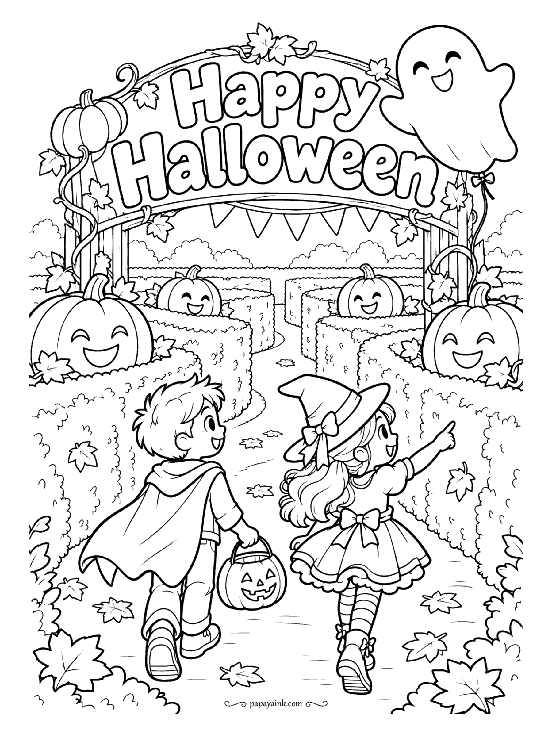 Halloween Coloring Pages - Into the maze. A caped boy and a witch girl run between hay-bale walls while jack-o'-lanterns watch from the corners and a ghost balloon floats over the arch. Shade the bales lightly so the kids stay the focus.