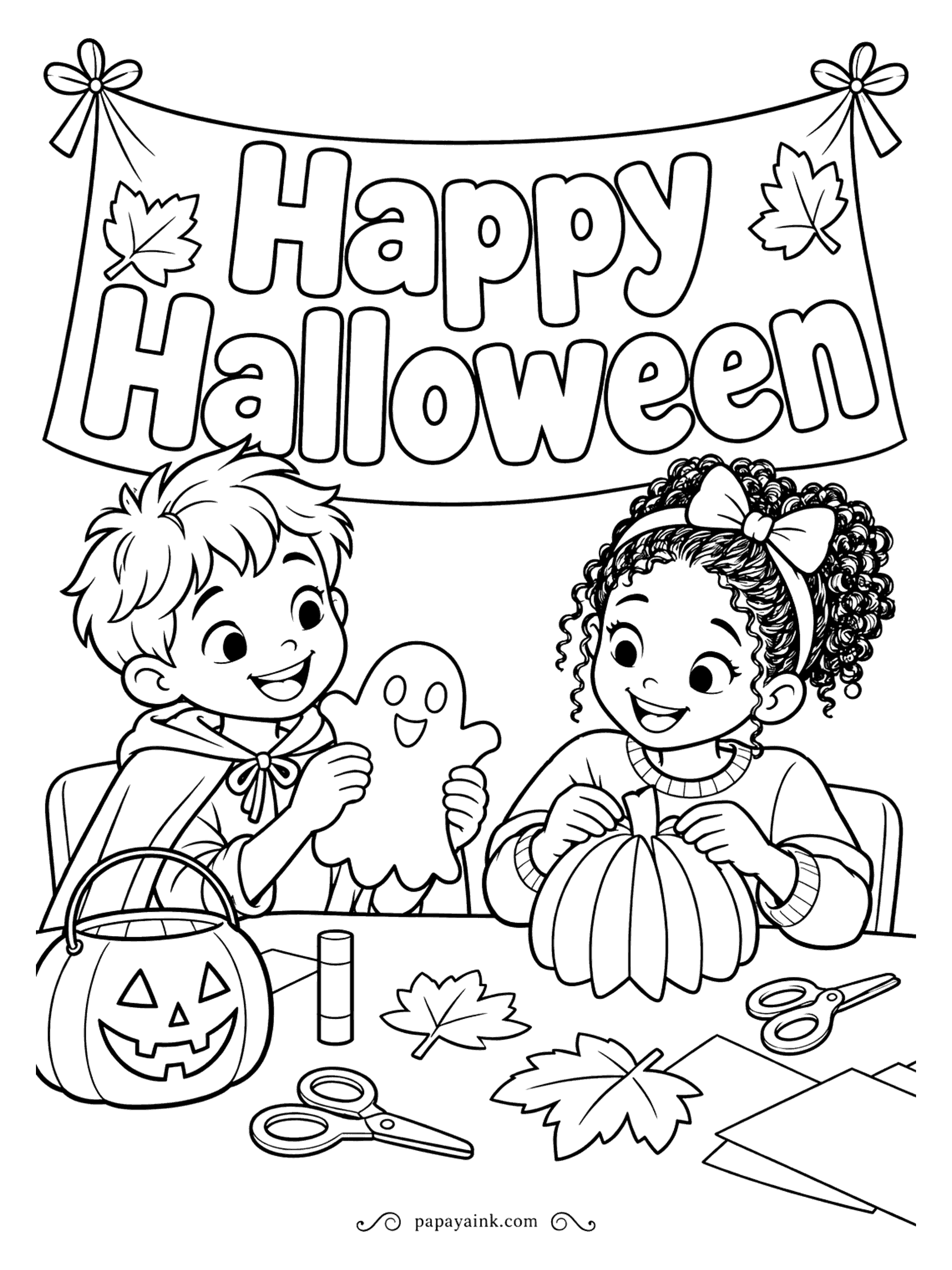 Halloween Coloring Pages - Craft table. One kid holds up a paper ghost on a stick, the other folds a pumpkin from strips, with scissors, glue and a candy bucket within reach. Keep the paper white and the table a plain wood tone.