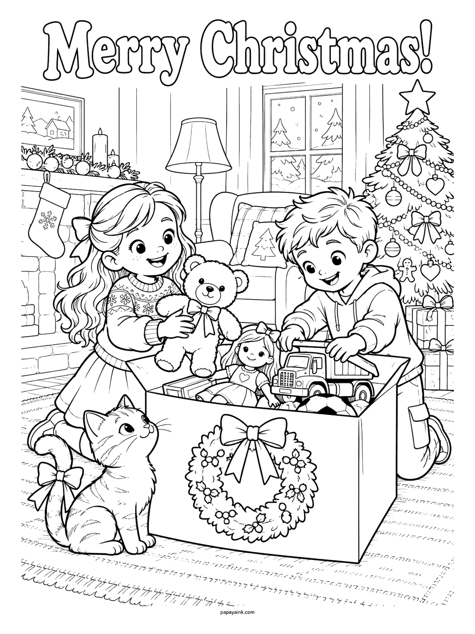 Merry Christmas Coloring Pages - A girl and boy unpack a big box of Christmas toys, a teddy bear, a doll, and a dump truck, while a kitten with a bow on its tail looks on.