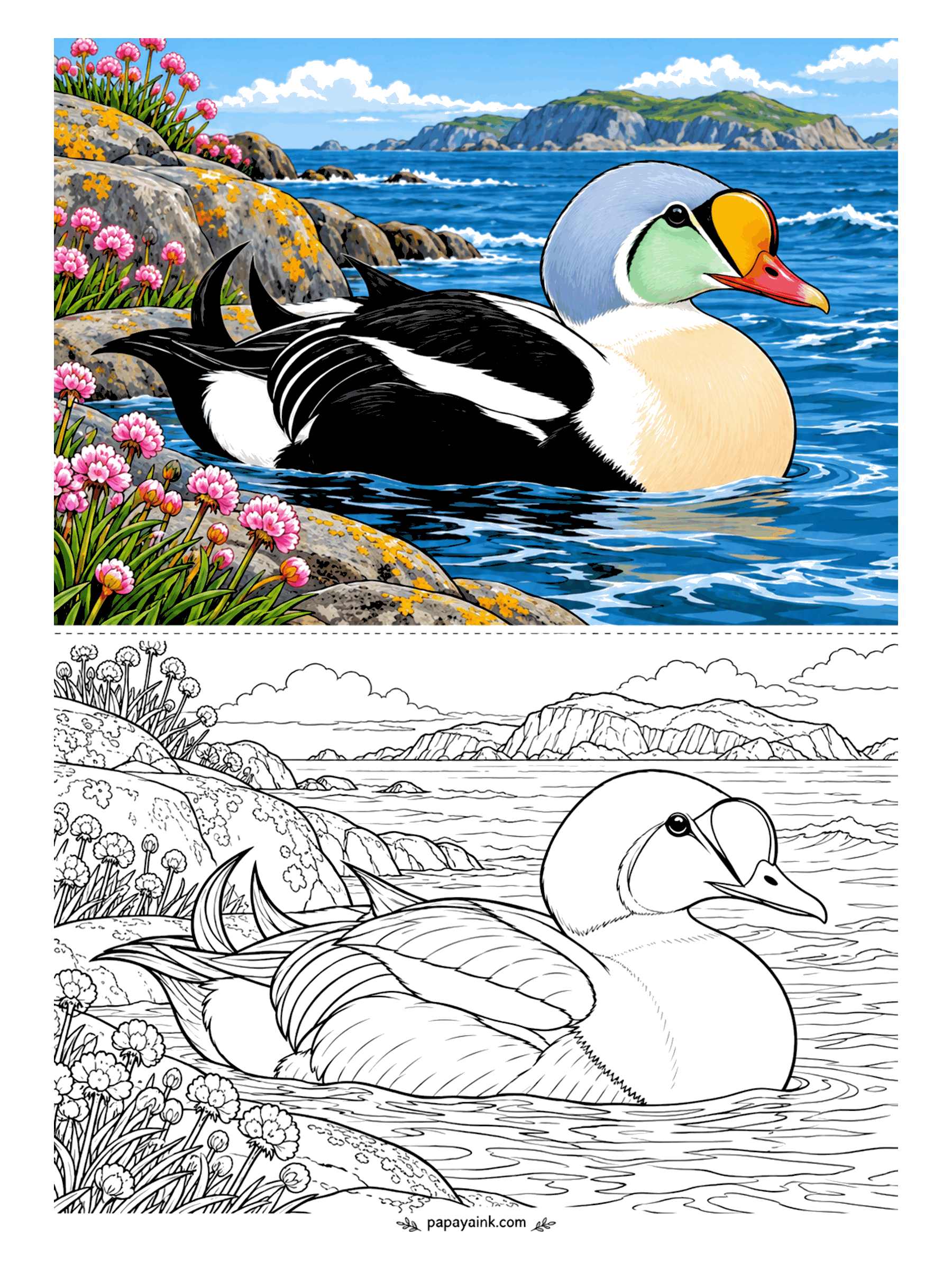 Bird Coloring Pages - Sea duck in a helmet. The king eider floats off a rocky northern shore, pink thrift growing between lichen-spotted boulders and cliffs across the bay. Pale blue crown, mint green cheek, the orange shield above the bill, and the rest is clean black and white.