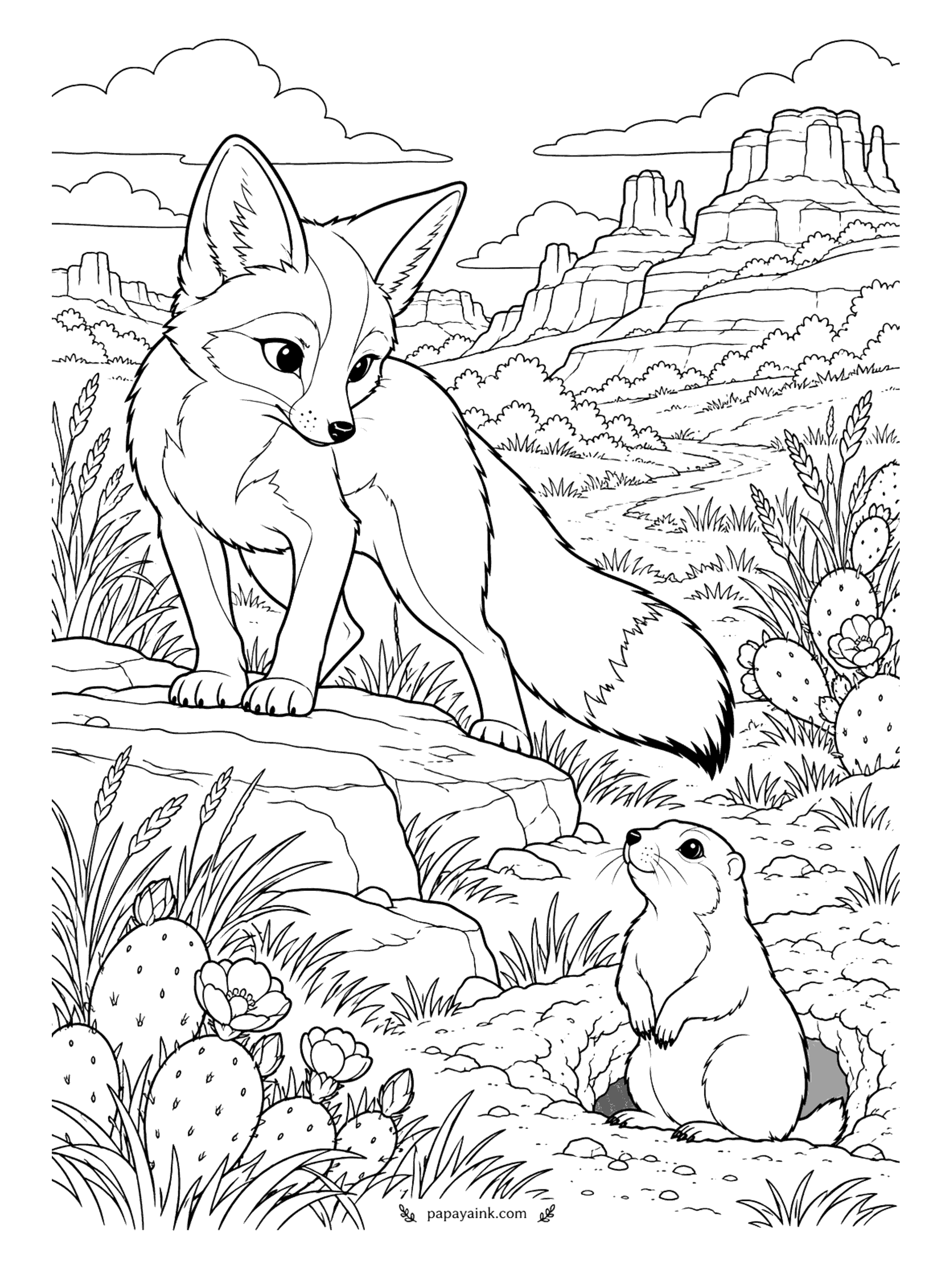 Fox Coloring Pages - Out on the red rock ridge, a kit fox looks down at a prairie dog that has just popped up beside its burrow. Prickly pear cactus, wild grass and mesas behind. Sandy oranges and dusty sage greens set the mood.