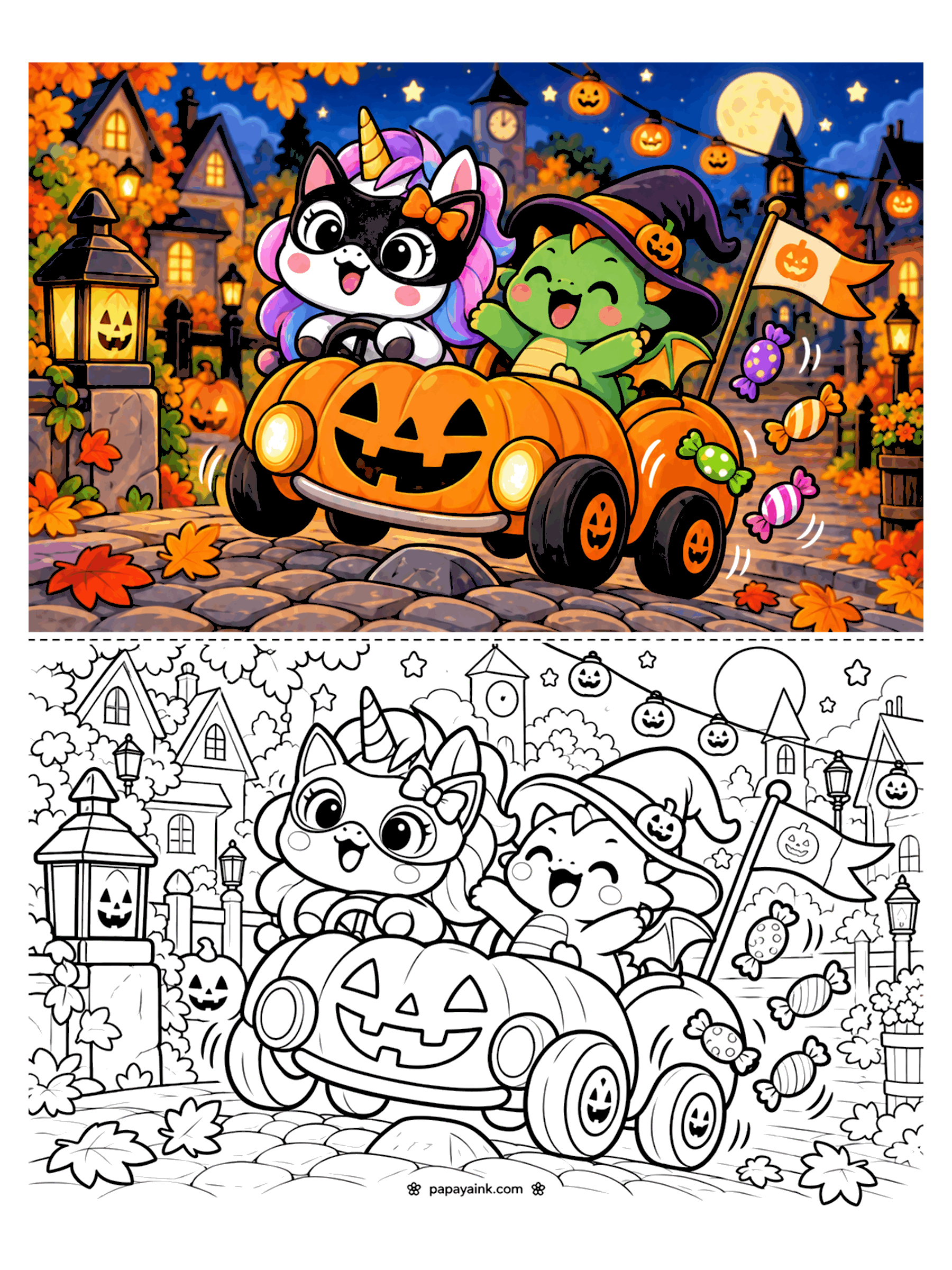 Easy Cute Halloween Coloring Pages - Unicorn kitten and baby dragon speeding through town in a jack-o-lantern car