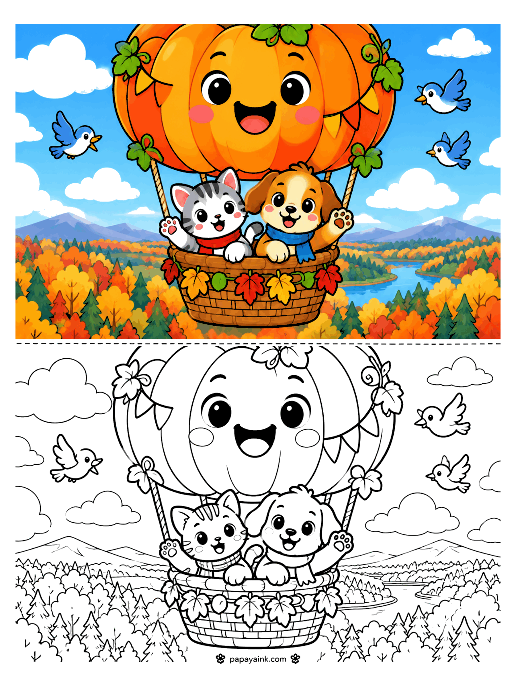 Pumpkin Coloring Pages - A kitten and a puppy wave from a wicker basket beneath a smiling pumpkin hot air balloon, drifting over autumn forests, a river, and mountains with bluebirds alongside.