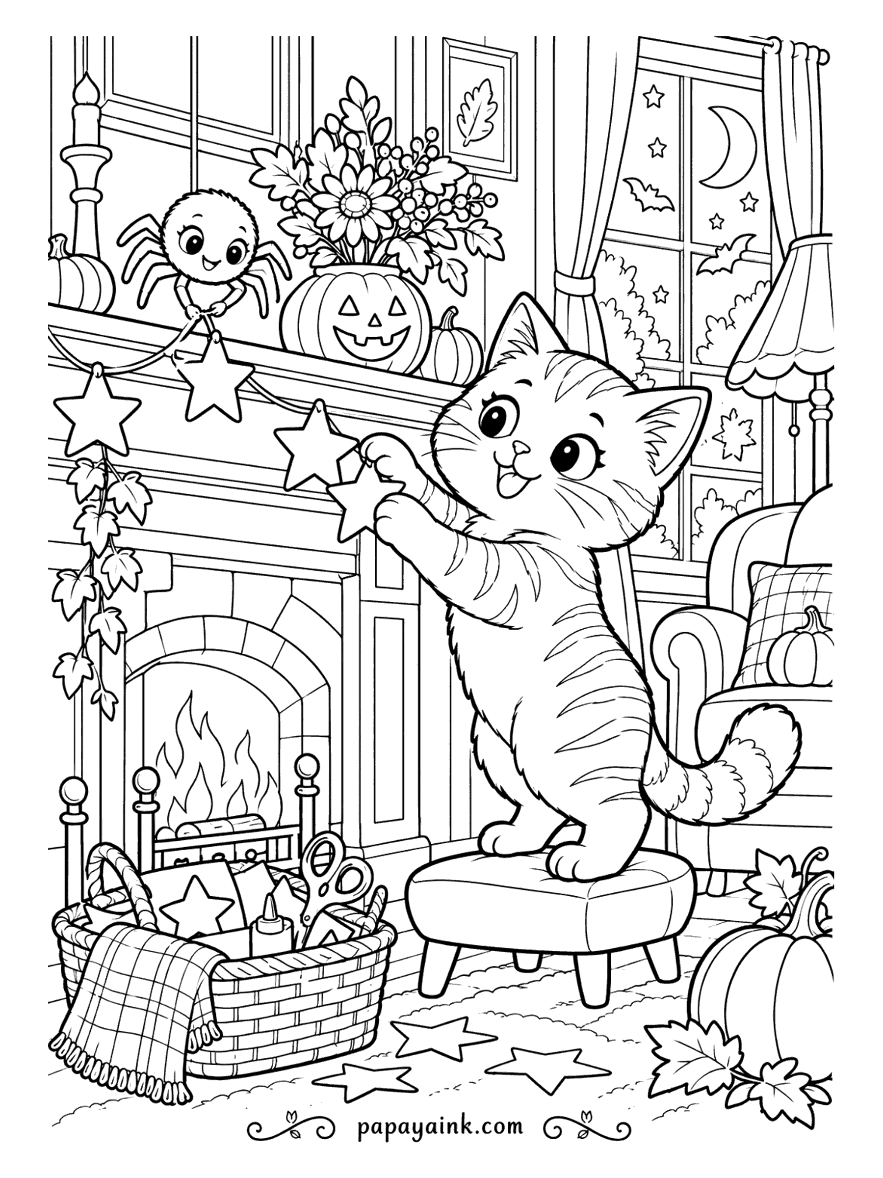 Halloween Cat Coloring Pages - One paper star at a time, the garland goes up along the mantel. The kitten on the footstool reaches for the next one, a small spider on the shelf holds the string, and a basket of scissors and glue waits below. Fireplace, pumpkins, crescent moon.