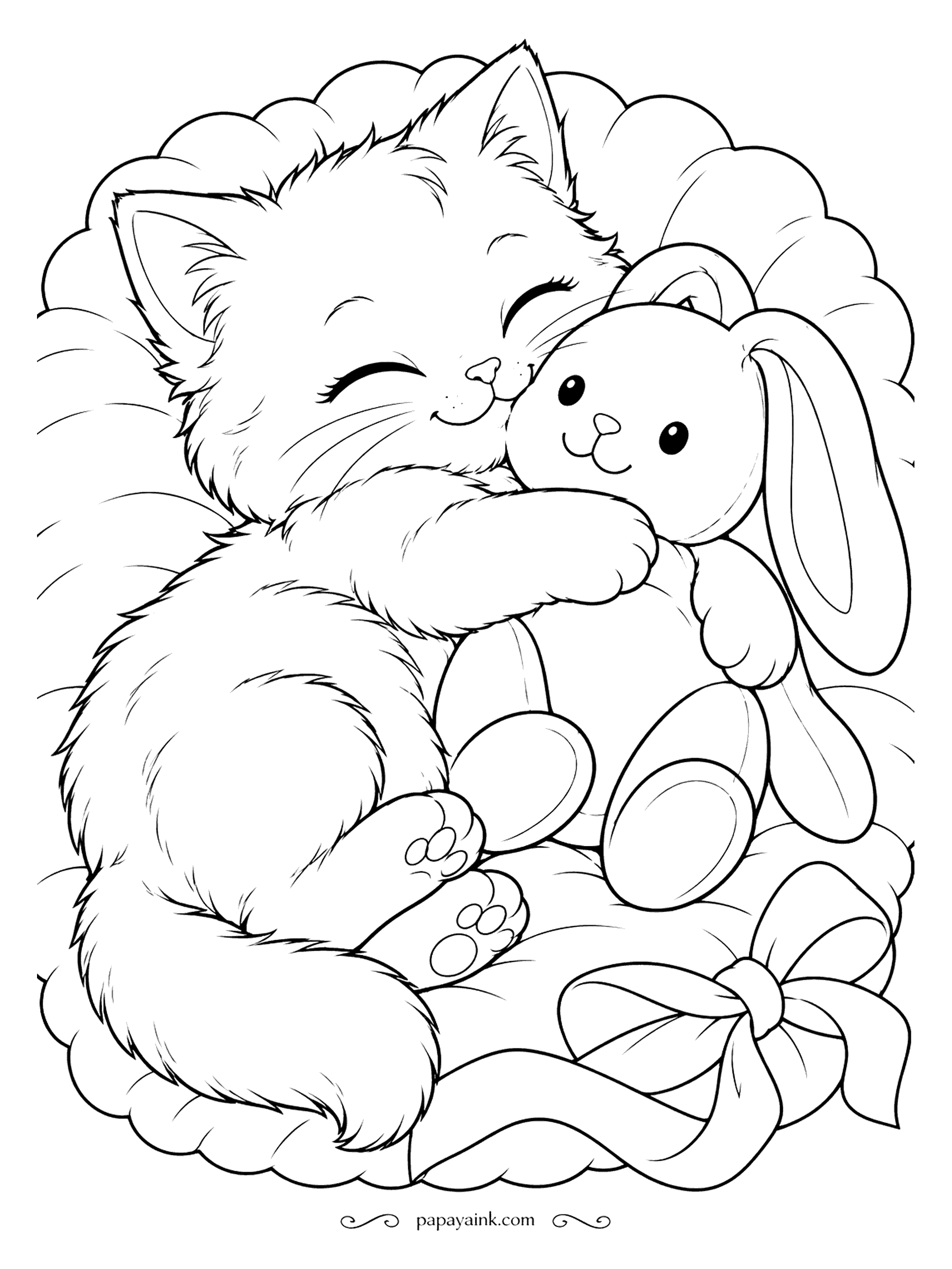 Kitten Coloring Pages - Nap time on a round cushion, and the kitten has the plush bunny in a full hug. Eyes closed, whiskers relaxed, the bunny the only one still awake. Big open shapes and a ribbon bow - an easy page for younger hands.