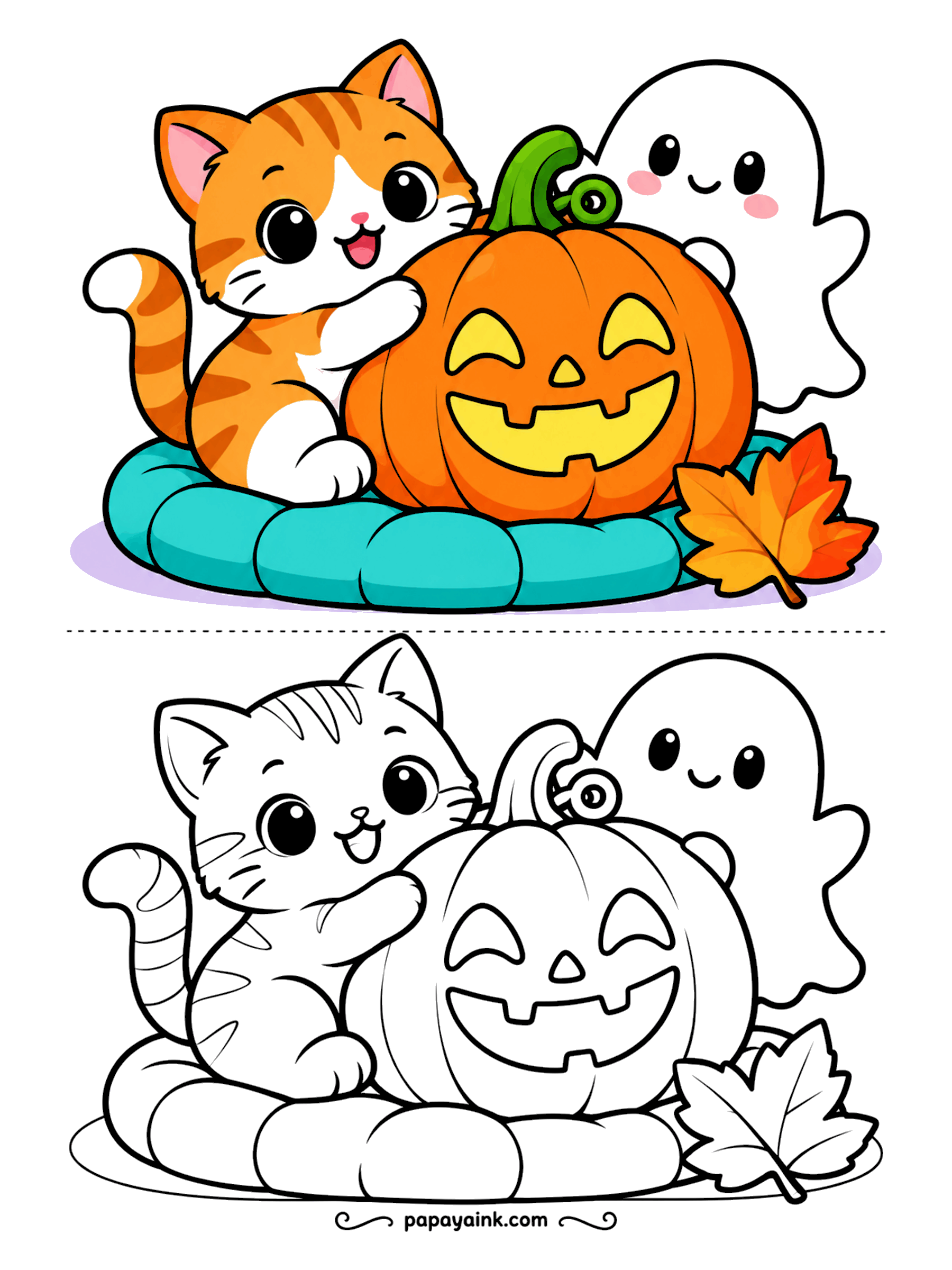 Easy Cute Halloween Coloring Pages - Curled up on a teal cushion, the tabby kitten has claimed the jack-o-lantern as a pillow and the ghost as a bunkmate. Orange stripes, a single fallen leaf, big open shapes - a relaxed sheet to begin with.