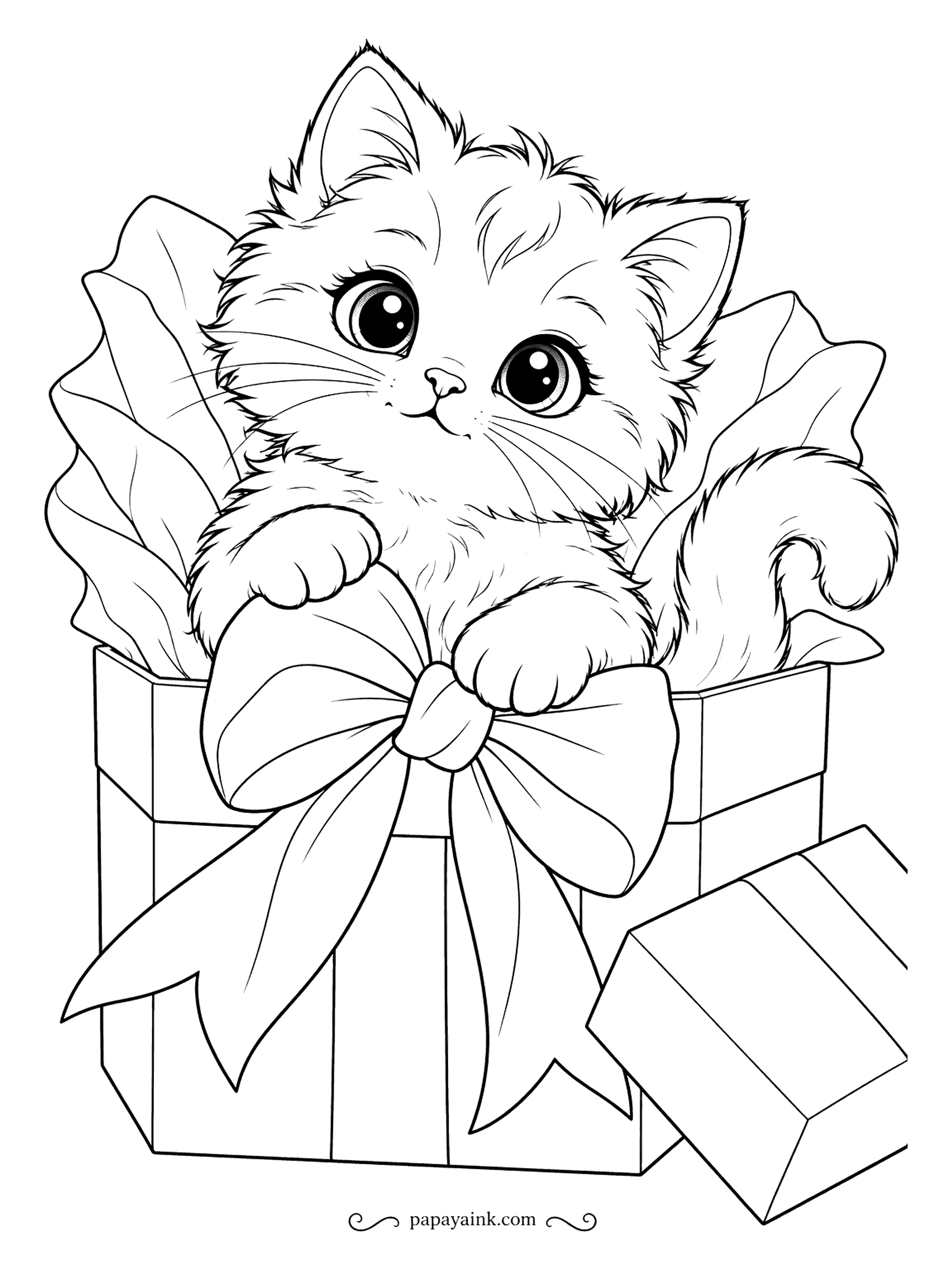 Kitten Coloring Pages - Open the box and a kitten looks back at you, resting on the giant bow, tissue paper rising around her ears. The lid sits on the floor. One strong shade for the bow, pale paper, and the face stays the focus.