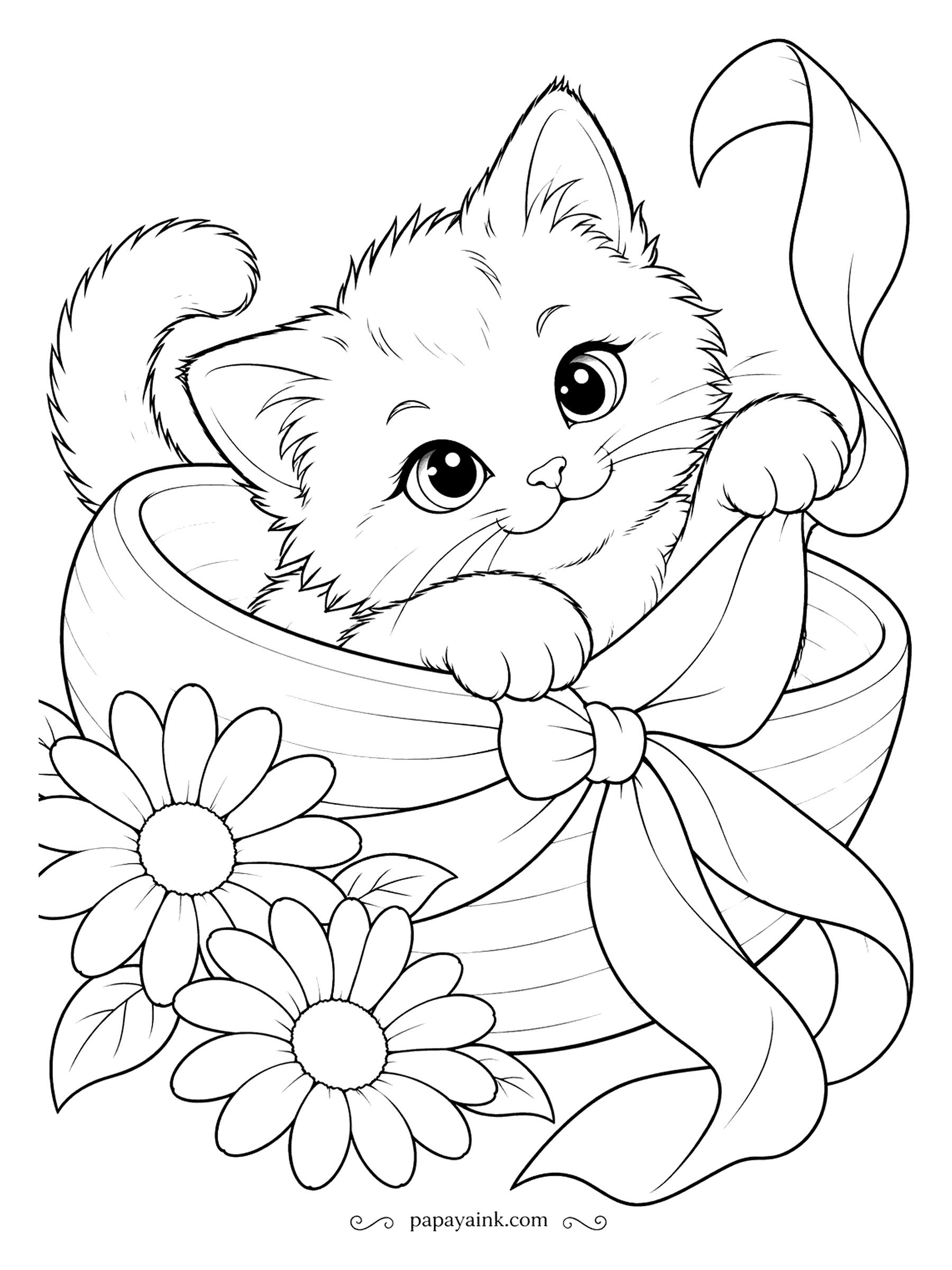 Kitten Coloring Pages - Someone left a sun hat on the garden table, and now a kitten lives in it. She peeks over the brim, holds the trailing ribbon and lets two daisies lean in to look. Straw yellow for the weave, something bright for the ribbon.