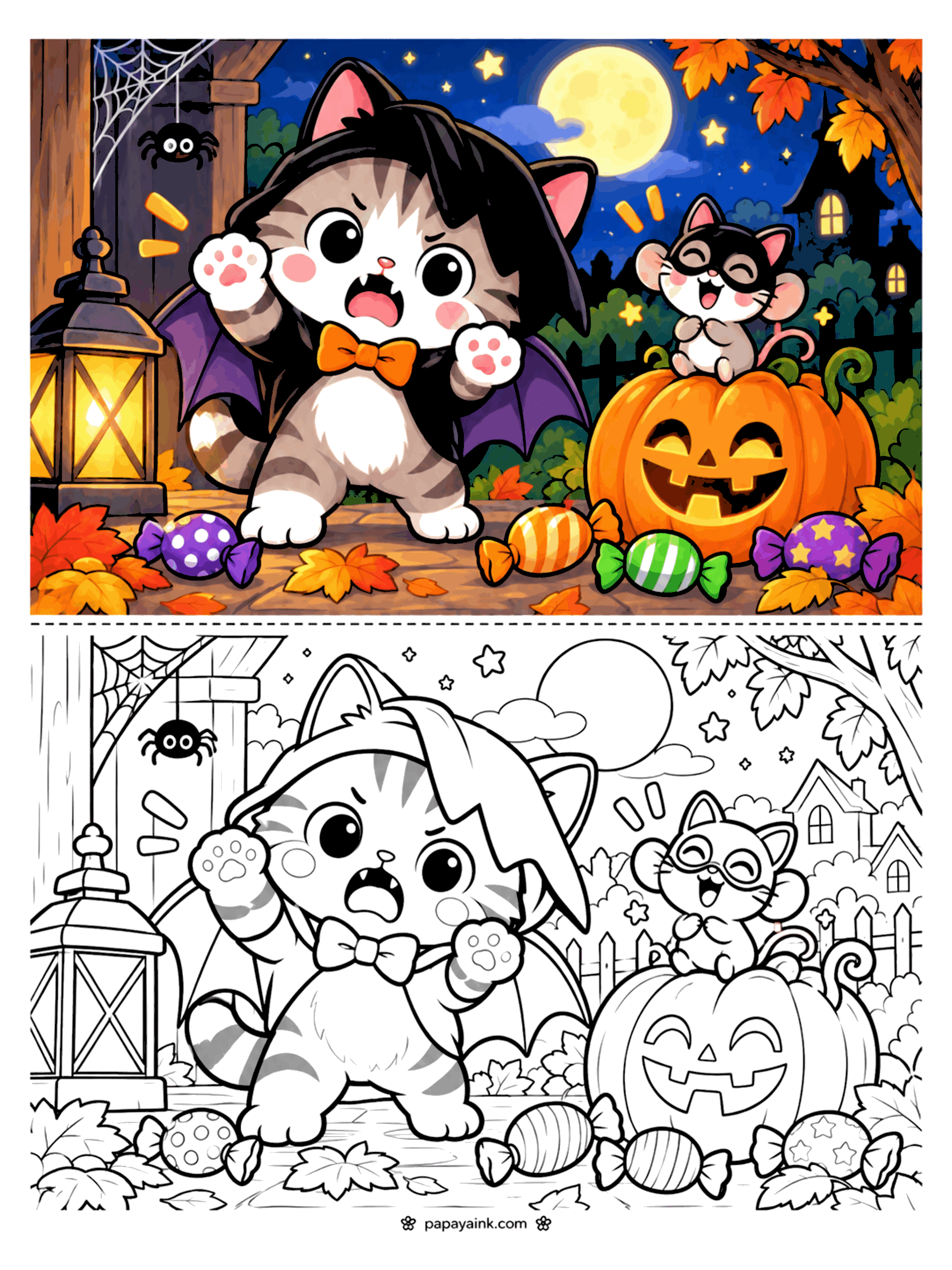 Easy Cute Halloween Coloring Pages - Kitten in a bat cape striking a spooky pose while a masked mouse laughs on a pumpkin