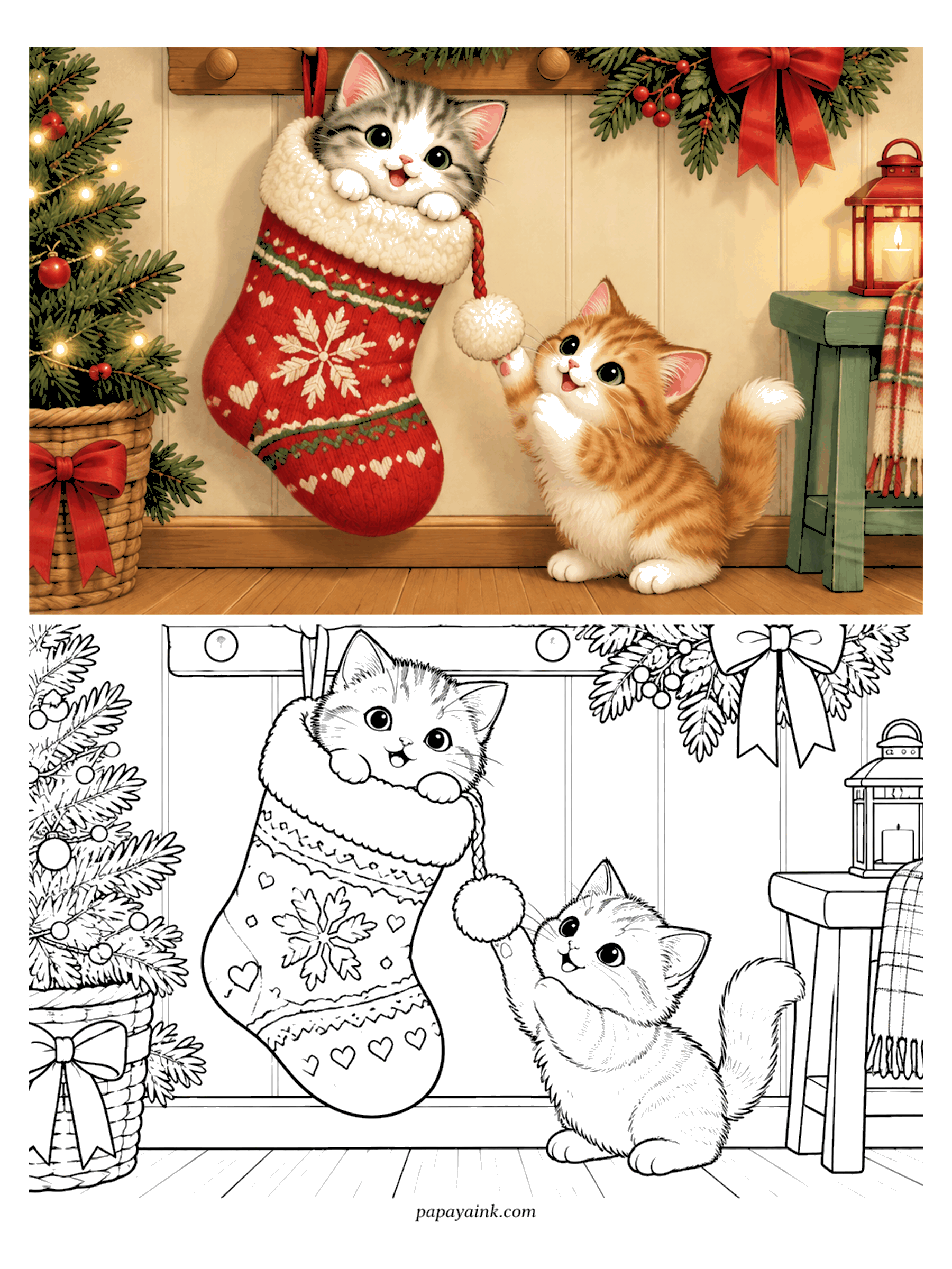 Cute Christmas Coloring Pages - A kitten peeks out of a hanging Christmas stocking while a ginger friend bats at the pom-pom.