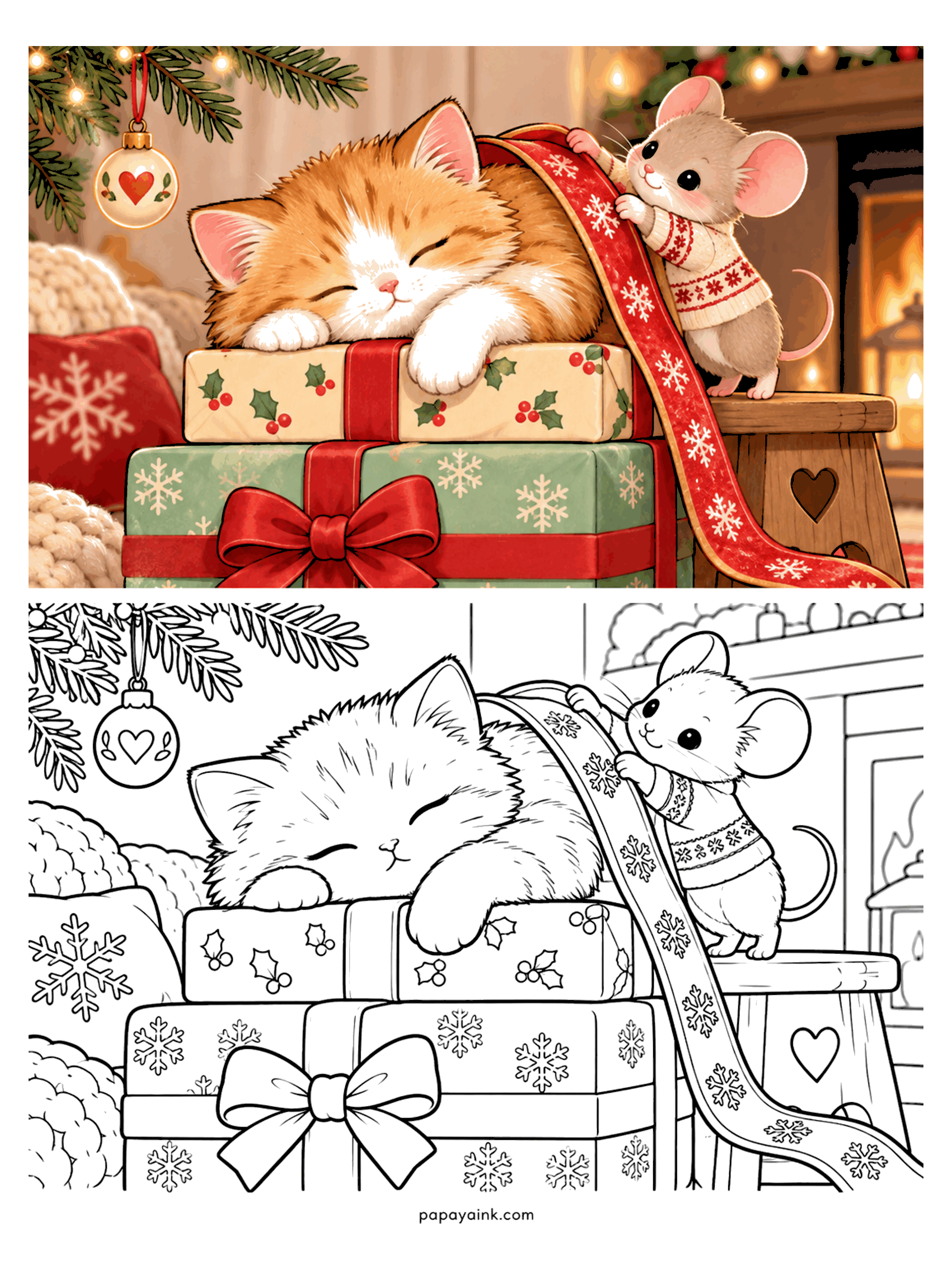 Cute Christmas Coloring Pages - A ginger kitten naps on a stack of wrapped gifts while a little mouse in a sweater unrolls a snowflake ribbon.