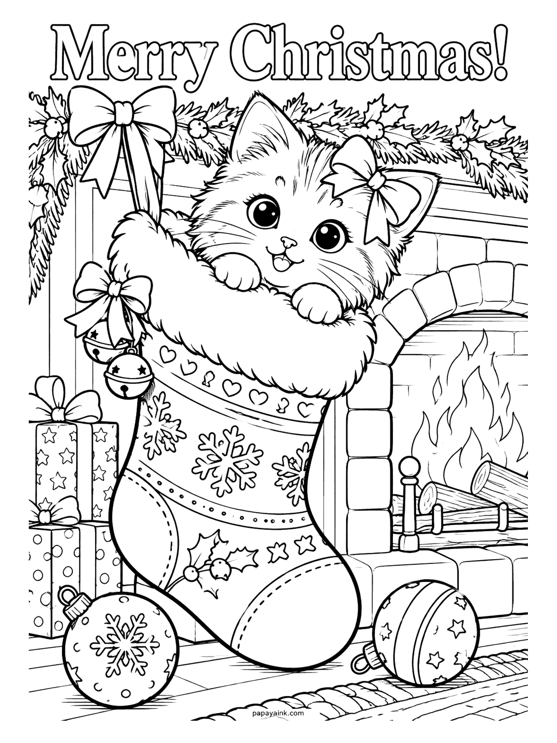 Merry Christmas Coloring Pages - A kitten with a bow on its ear peeks out of a snowflake-patterned Christmas stocking hung by the fireplace.