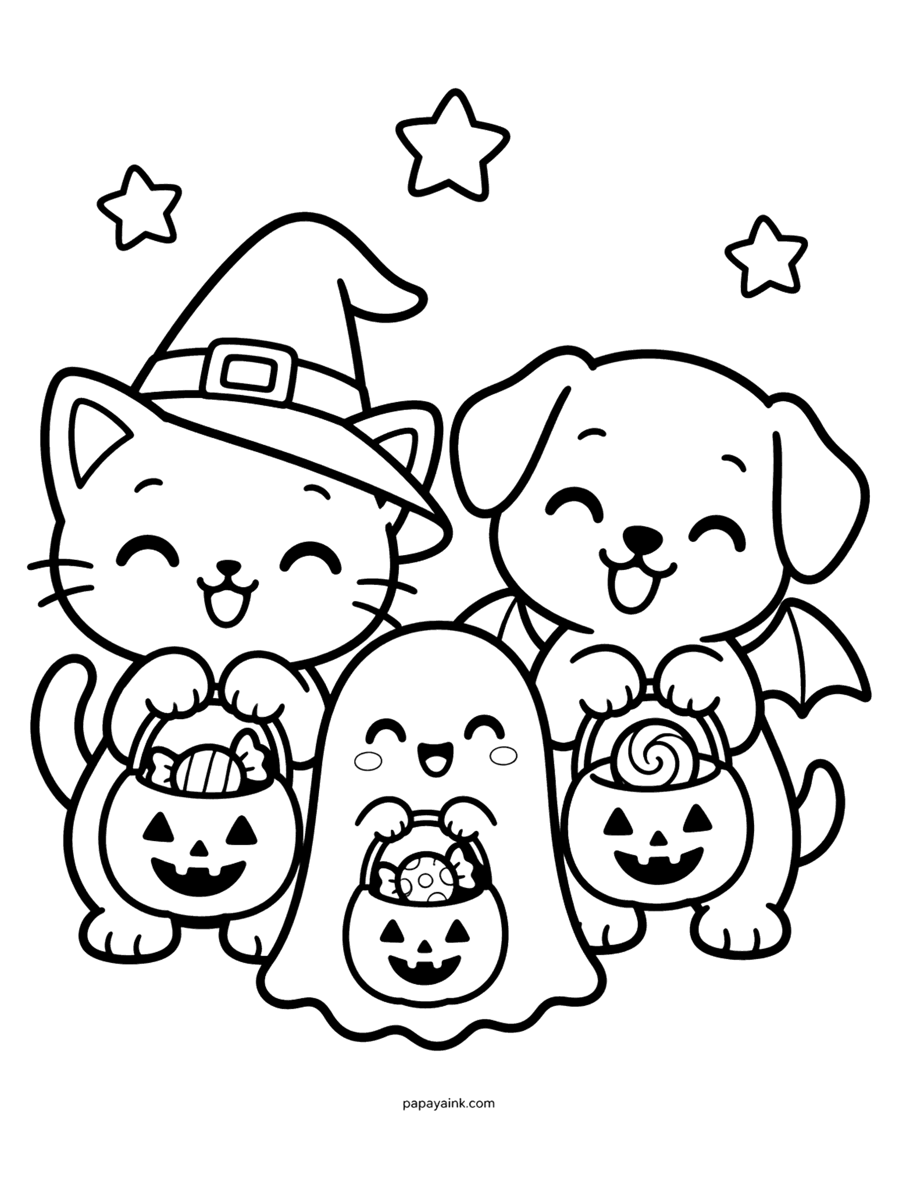 Easy Cute Halloween Coloring Pages - Kitten witch, puppy with bat wings and a tiny ghost trick-or-treating together with pumpkin buckets