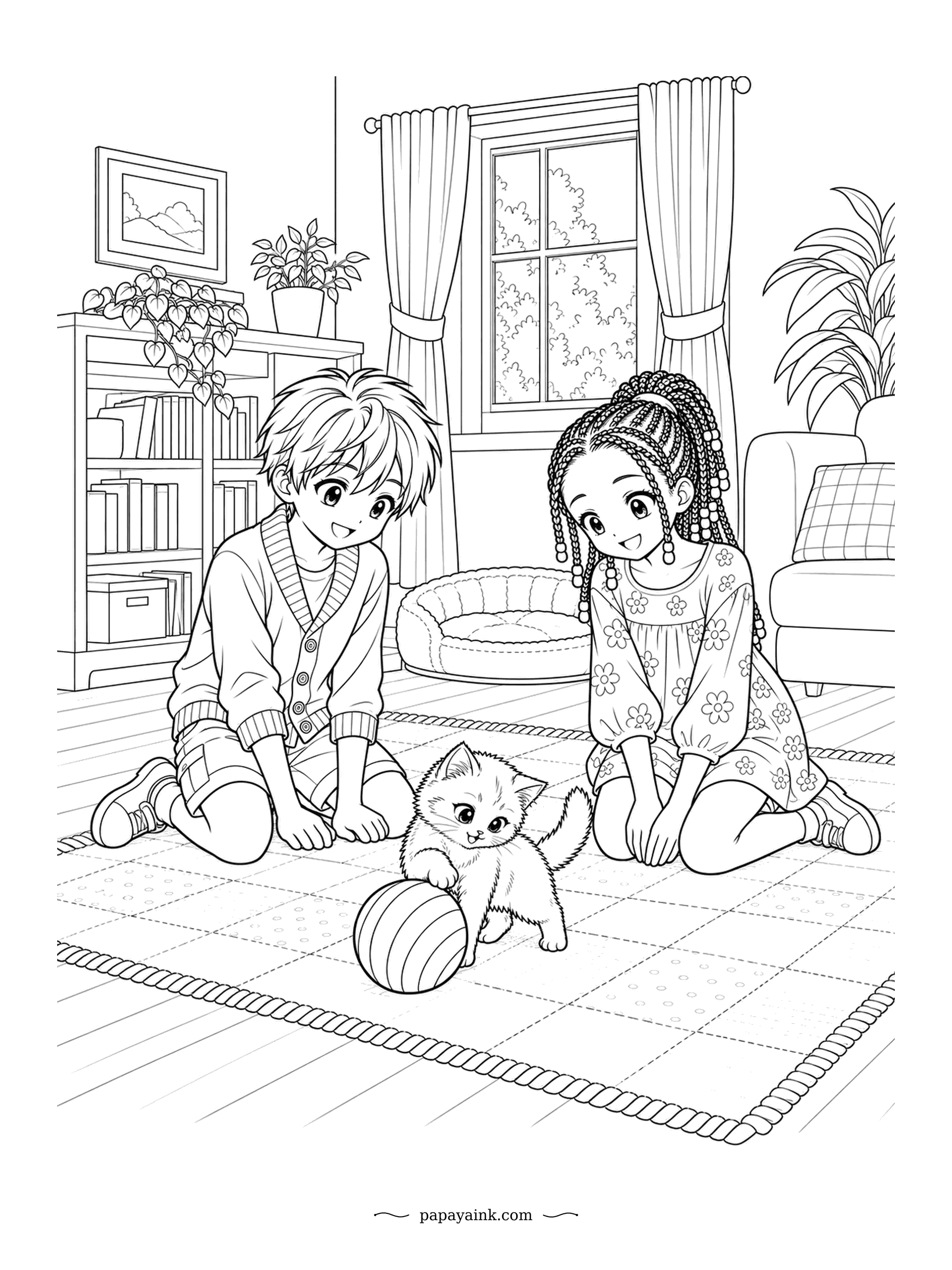 Cute Anime Coloring Pages - A fluffy kitten bats a striped ball across the living room rug, and the classmates on each side are clearly hoping it rolls toward them. A cozy cat bed waits by the bookshelf. Long curtains frame a sunny window.