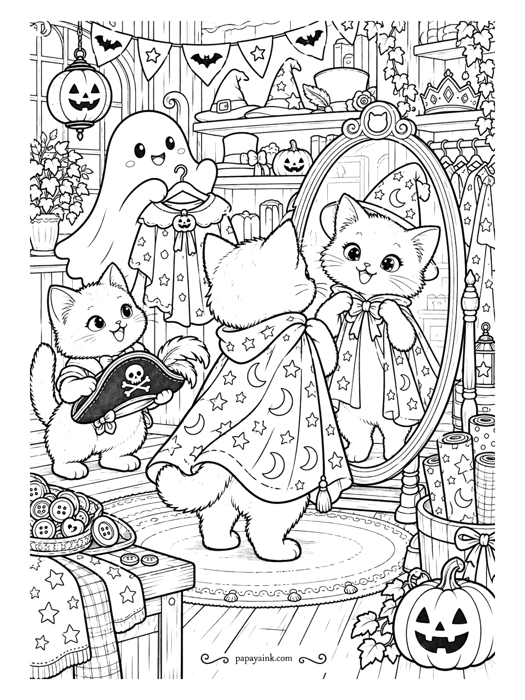 Halloween Cat Coloring Pages - Trying on the wizard cape in front of the long mirror. The white kitten turns to check the moons and stars, a smaller kitten offers a pirate hat instead, and the ghost holds up a second cape. Detailed - shelves of hats and crowns.
