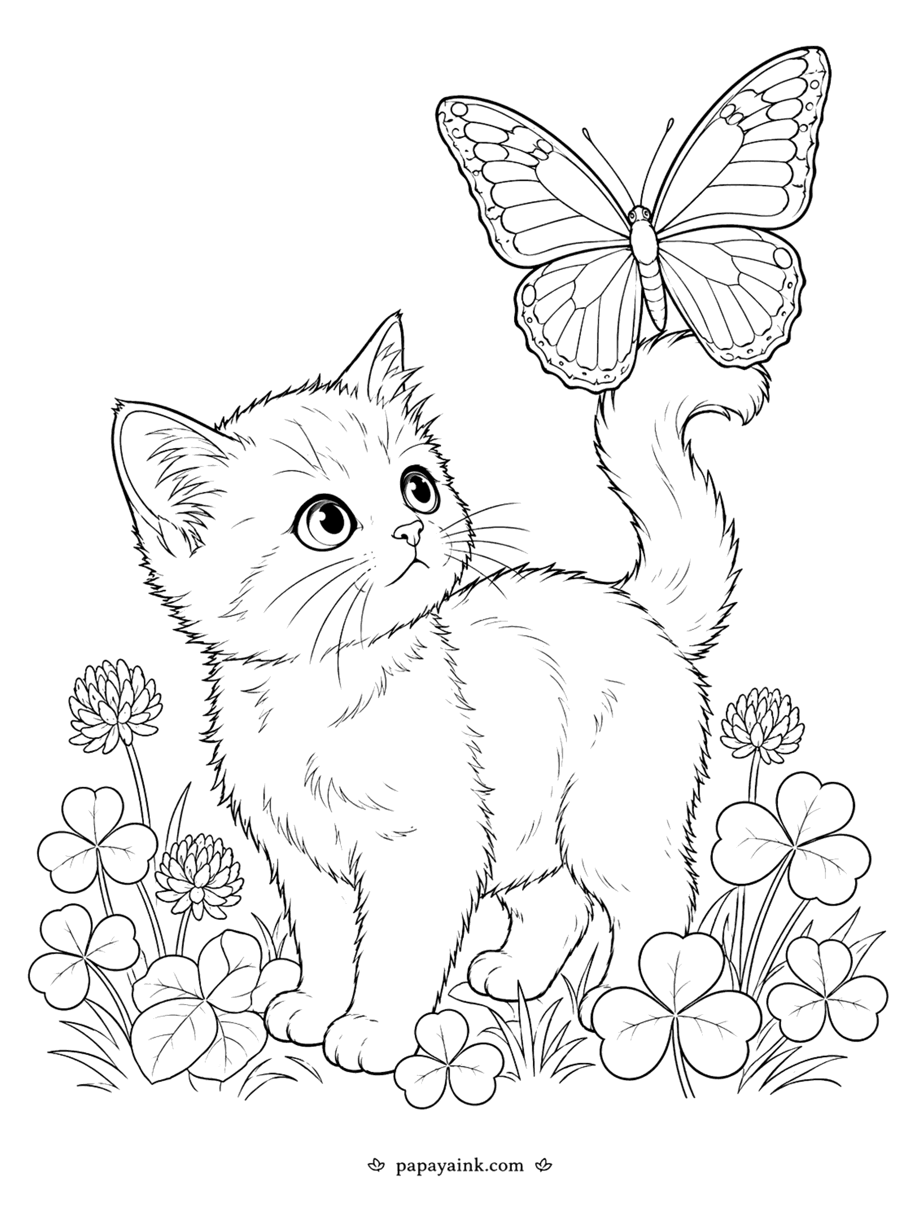 Butterfly Coloring Pages - Kitten and Butterfly Coloring Page: Butterfly Landing on a Tail in the Clover