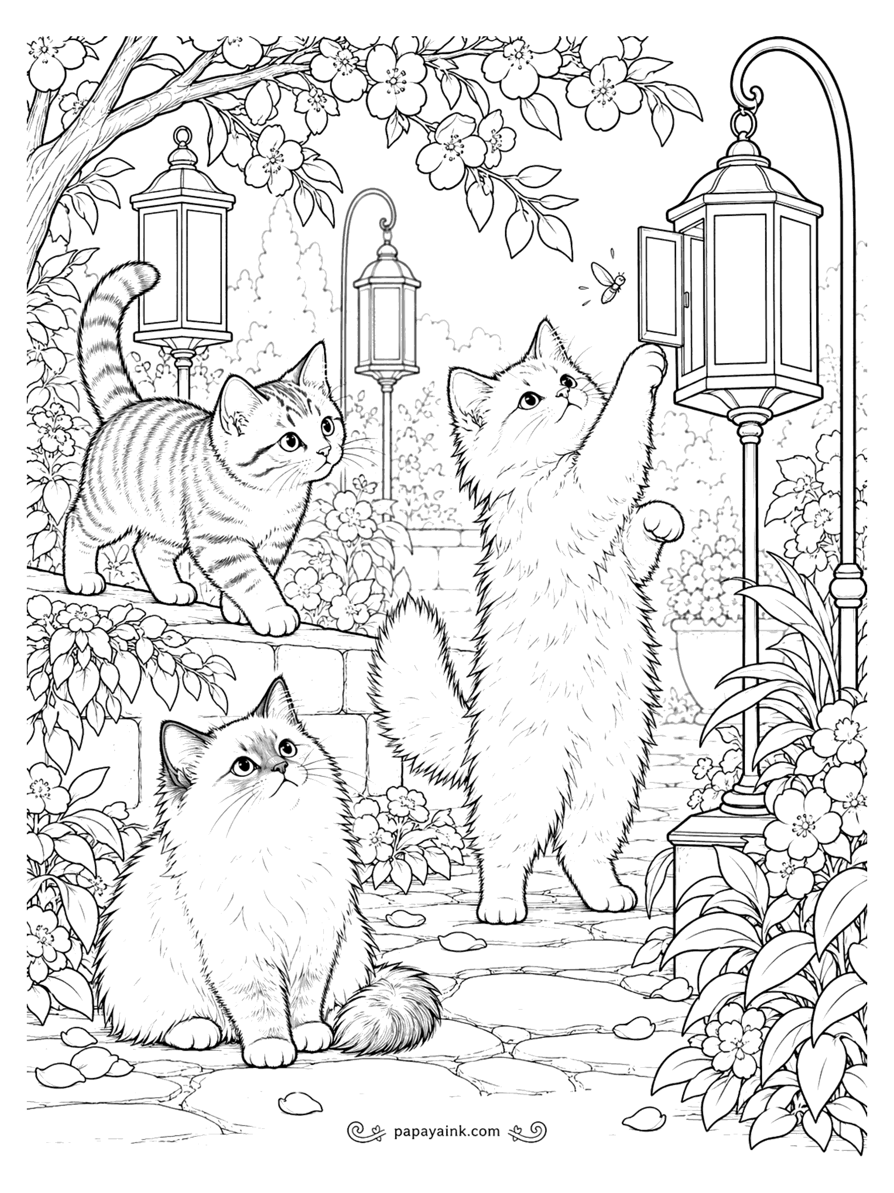 Kitten Coloring Pages - Three kittens in a lantern-lit garden under cherry blossoms, one standing to bat at a firefly inside an open lantern.