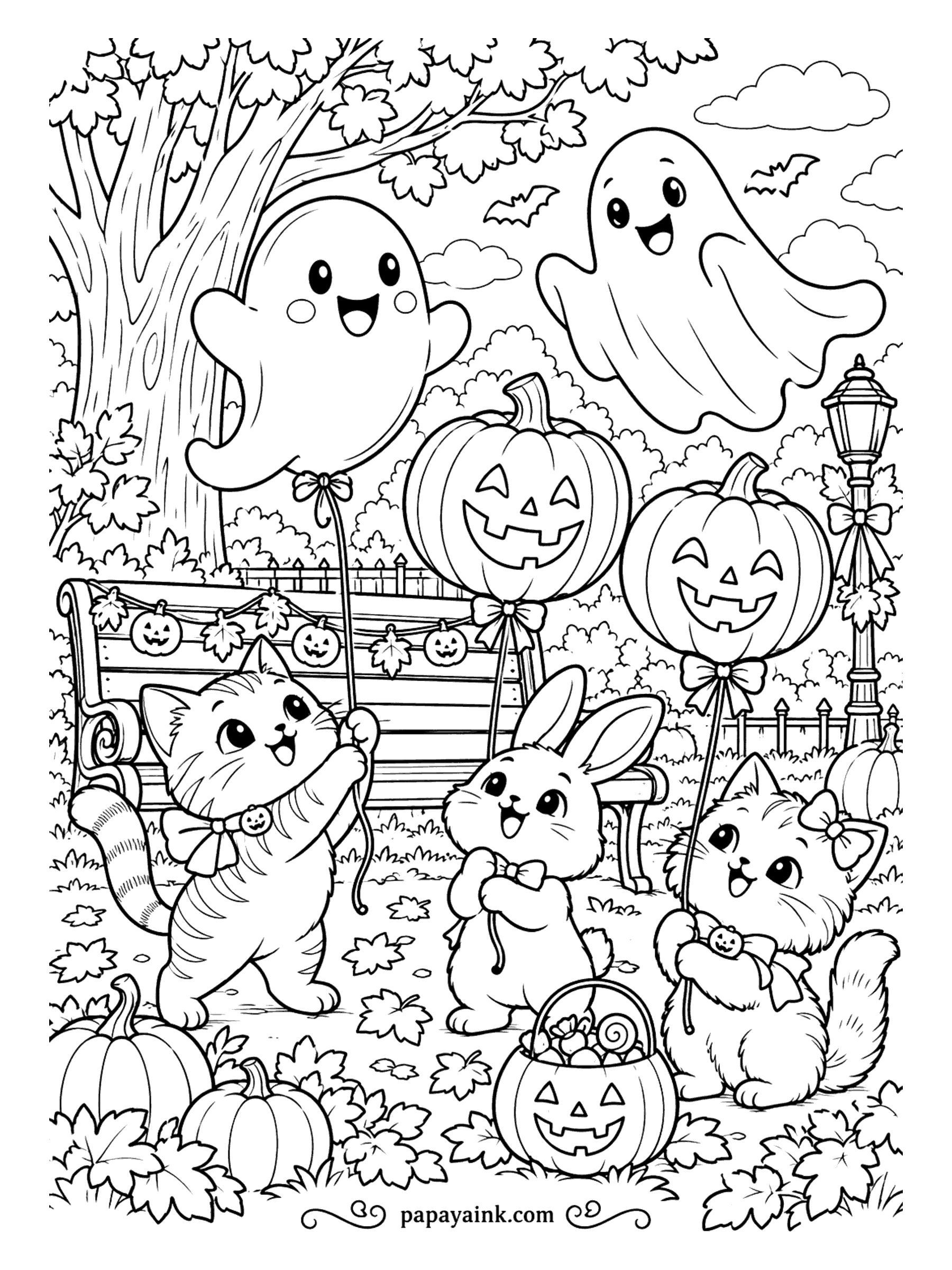 Halloween Cat Coloring Pages - Three balloons, three friends: a ghost balloon for the tabby, pumpkins for the bunny and the bow kitten, all on ribbons under a park bench strung with tiny lanterns. A real ghost floats over to compare. Simple and bright - a good first page.