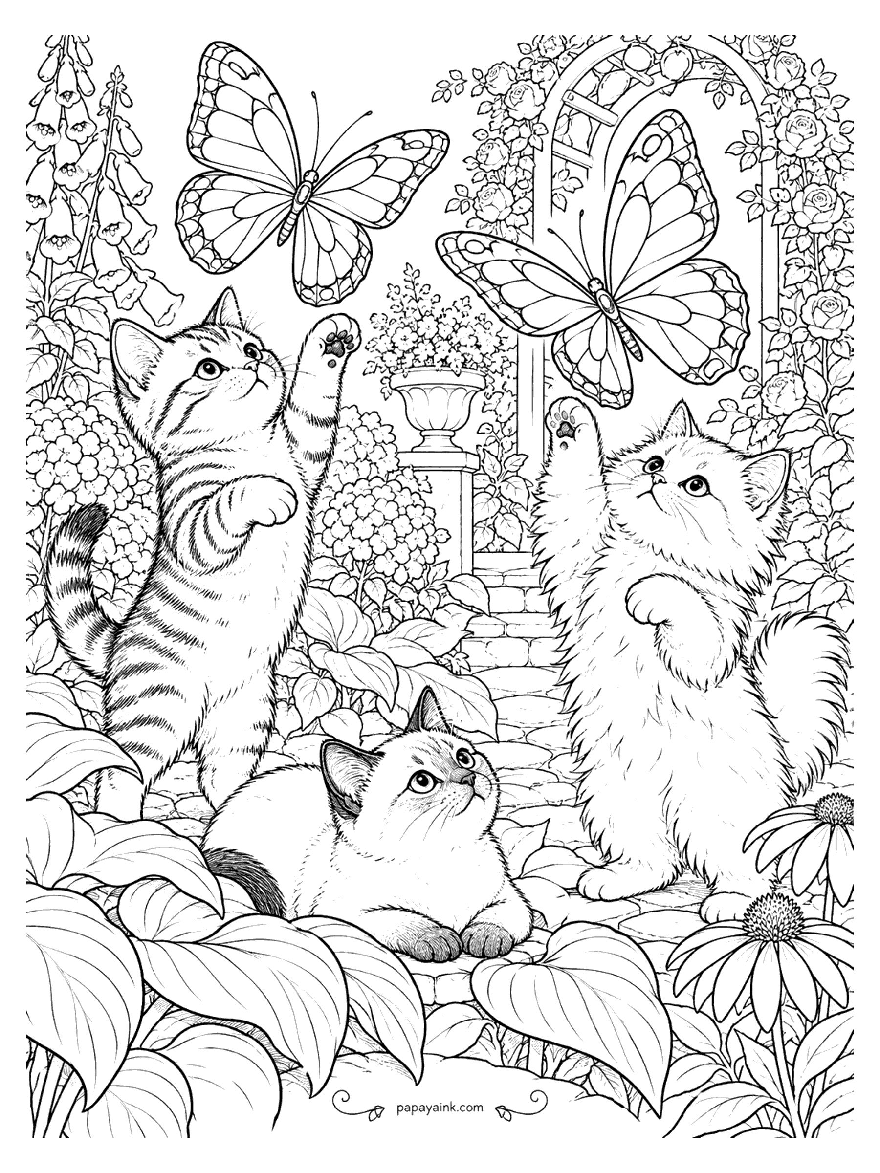 Kitten Coloring Pages - Three kittens swatting at big butterflies in a rose garden with foxgloves, hydrangeas and a garden arch. Detailed.